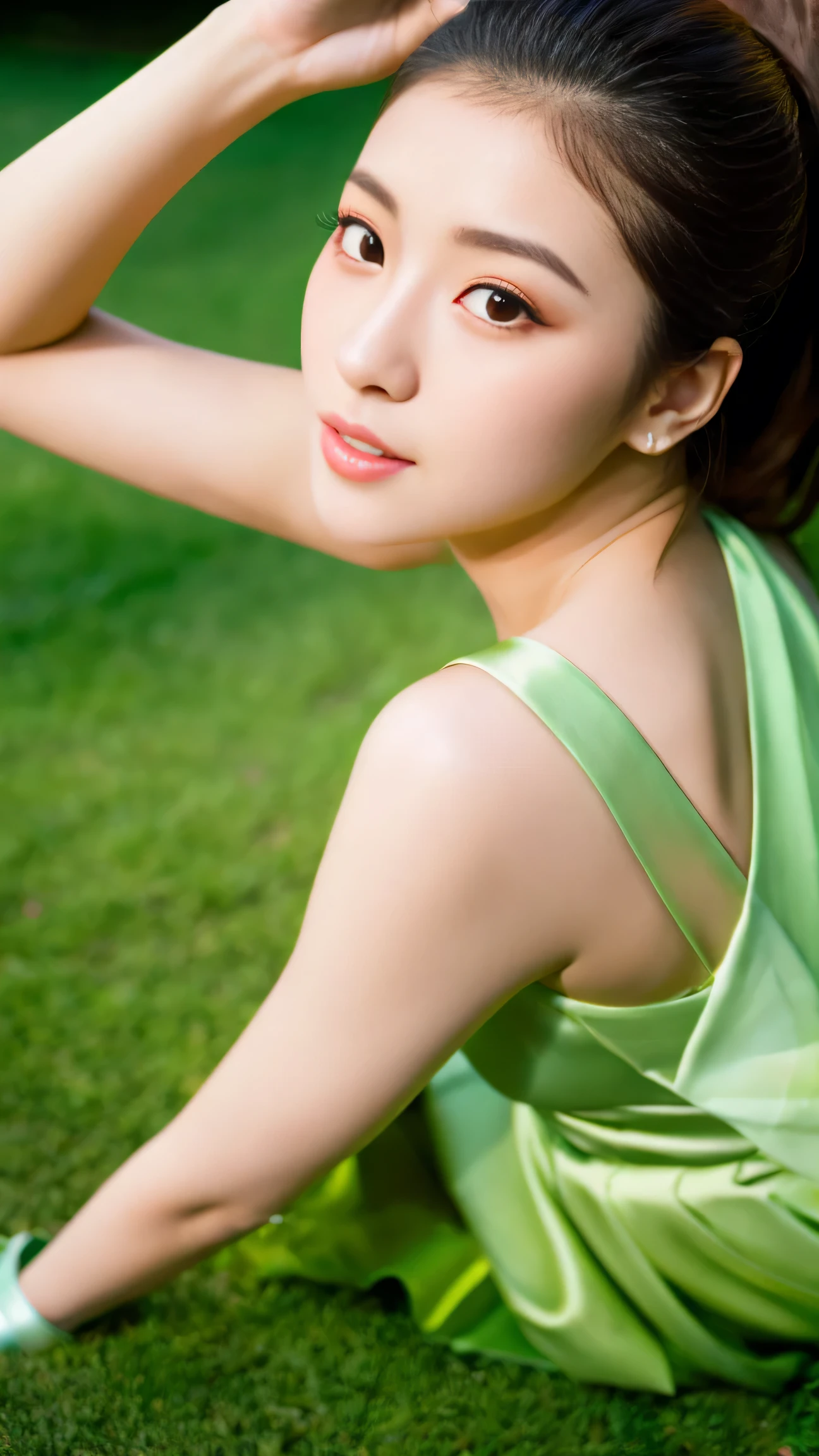 (Japan Idol at 25 years old), Official Art, 8k unity wallpaper, ultra be familiar with, beautiful, masterpiece, Ultra HD Photos, high quality, Realistic, sunlight, Delicate face, ojos be familiar with, (Half squat lightweight evening dress, One-shoulder dress, Stiletto heels, Stiletto heels, be familiar with) (Lush green park), beautiful, Very fine skin, Realistic skin details, Visible pores, Sharp focus, 8K Ultra HD, Digital single-lens reflex camera.