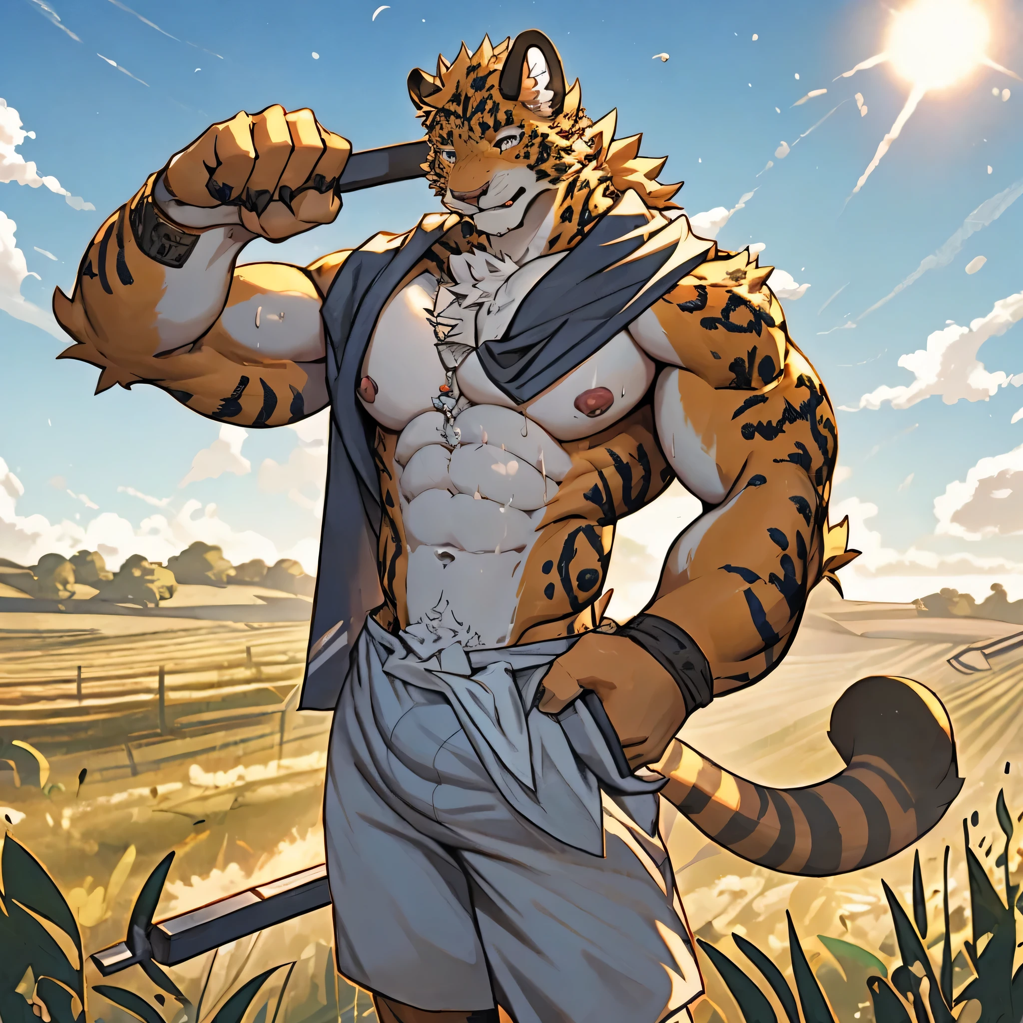 juvenile,Leopard,Golden fur,Farmers,Topless,A towel draped over my shoulders,Wear loose shorts,Sweating all over,Country style,Working in the fields with farm tools in hand,sunny。