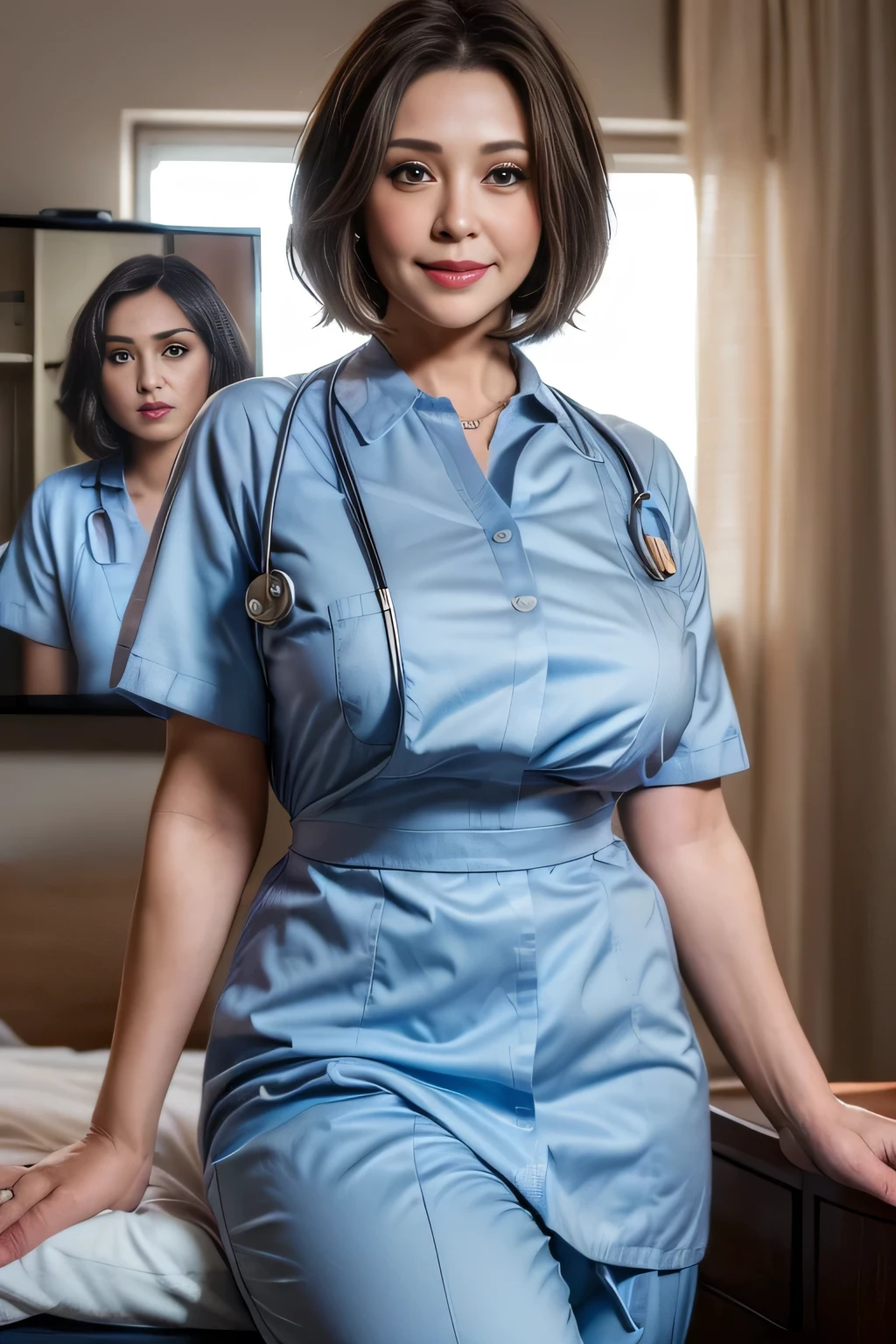 (1 Ultimate Beautiful Mature Nurse)、hyperdetailed face、Detailed lips、detailed eyes、double eyelids、((brunette bob hair))、(nurse's uniform:1.3)、(Glamorous body)、(Huge breasts)、smile、thighs thighs thighs thighs, Perfect fit, Perfect image realism, Background with: (Hospital Patient Rooms:1.2), Cowboy Shot, Meticulous background with, detailed costume, Perfect litthing、Hyper-Realism、(Photorealsitic:1.4)、8K maximum resolution, (​masterpiece), highly detailed, Professional
