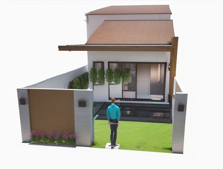 a rendering of a person standing in front of a house, wide establishing shot, concept house, 3 d perspective, exterior design, 3 d rendering, 3d rendering, realistic establishing shot, 3/4 view realistic, 3/4 view, 3 / 4 view, ground level camera view, complete house, isometric view from behind, detailed rendering, 3d final render