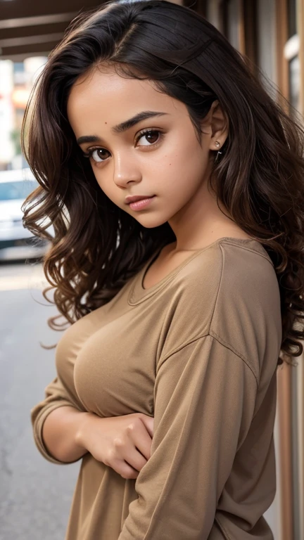 19-year-old brown girl, sad and curious eyes, big forehead, medium and perfect breasts, curly hair, brown eyes, casual clothes.