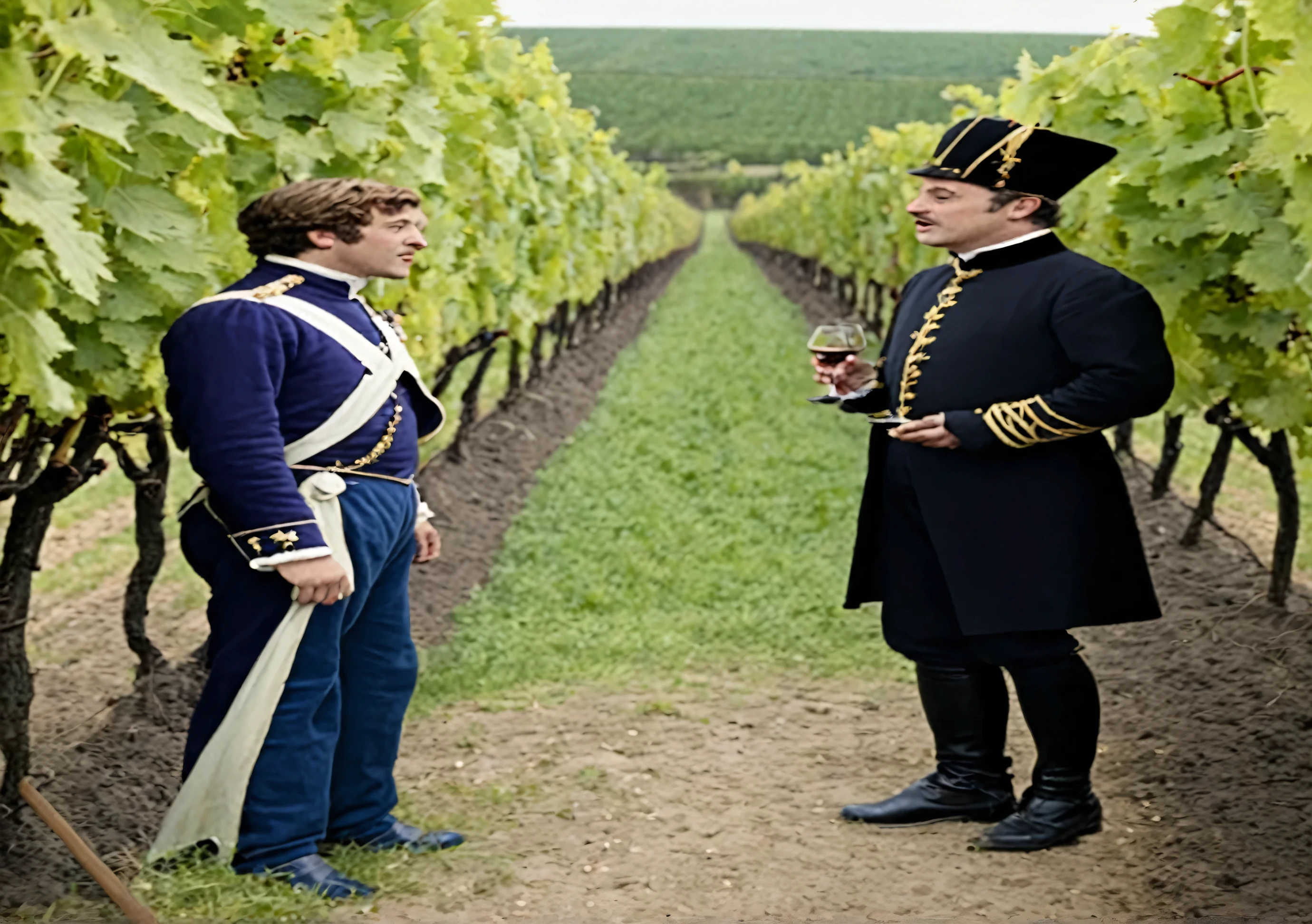 A 19th century European king conversing with a young man in a vineyard
