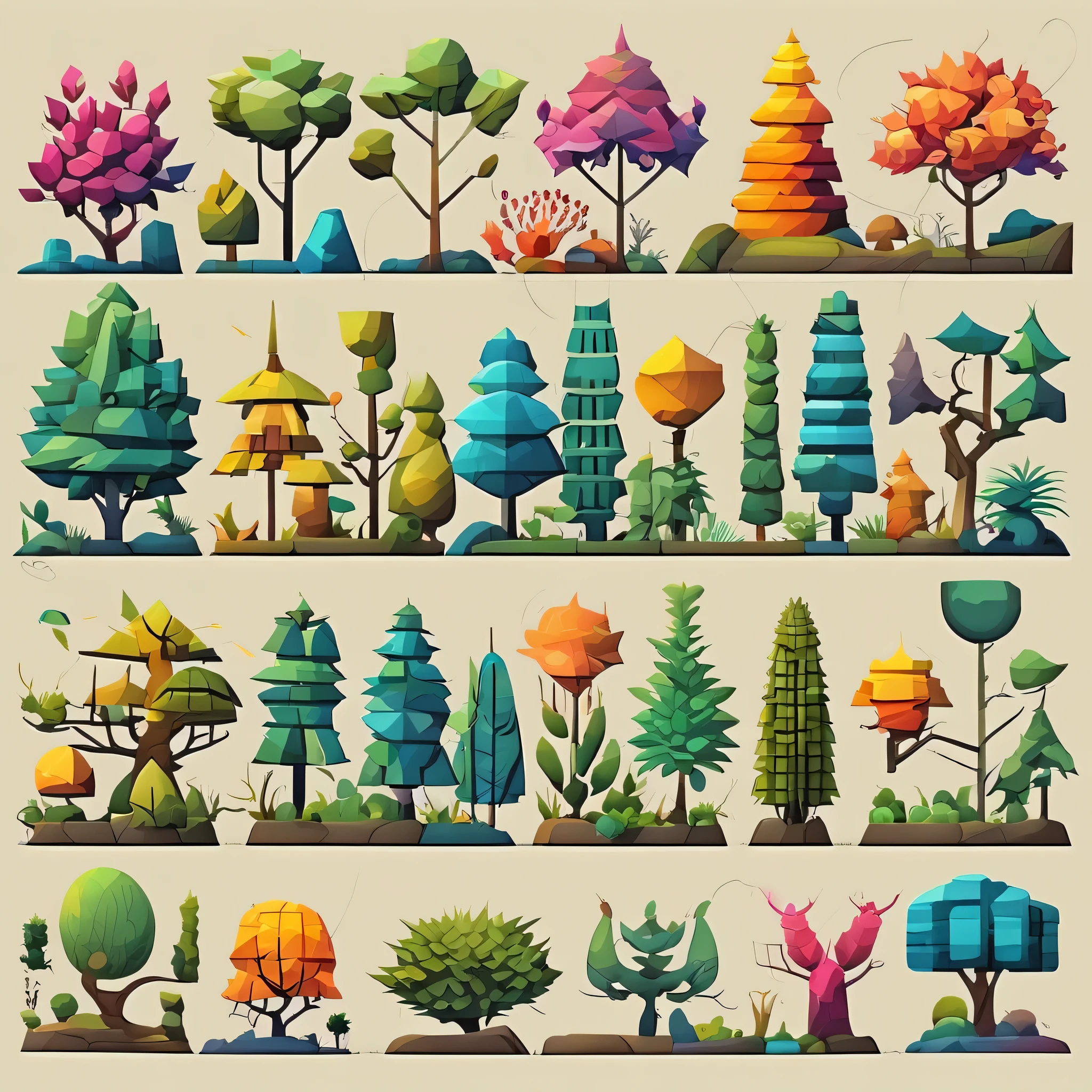 a set of illustrations of insects and plants on different colored backgrounds,tree collection set in grid format,various flat tree icons in different colors,various images of trees in a graphic style,2d game art,colored cartoon style,colorful gardens,flat chromatic fields,graphic design-inspired illustrations,in the style of colorful geometric shapes,in the style of cubist landscapes,in the style of cubist shapes and planes,lightbox,sculptural reliefs,rounded shapes,retro filters,rectangular fields,outdoor art,miniature and small-scale paintings,a man holding branches dubbed "world of wonders and creatures",colorful mindscapes,concept art,cryengine,in the style of colorful fantasy,in the style of colorful fantasy realism,in the style of fantastical and imaginative creatures,in the style of highly detailed foliage,inventive character designs,made of flowers,on parchment,