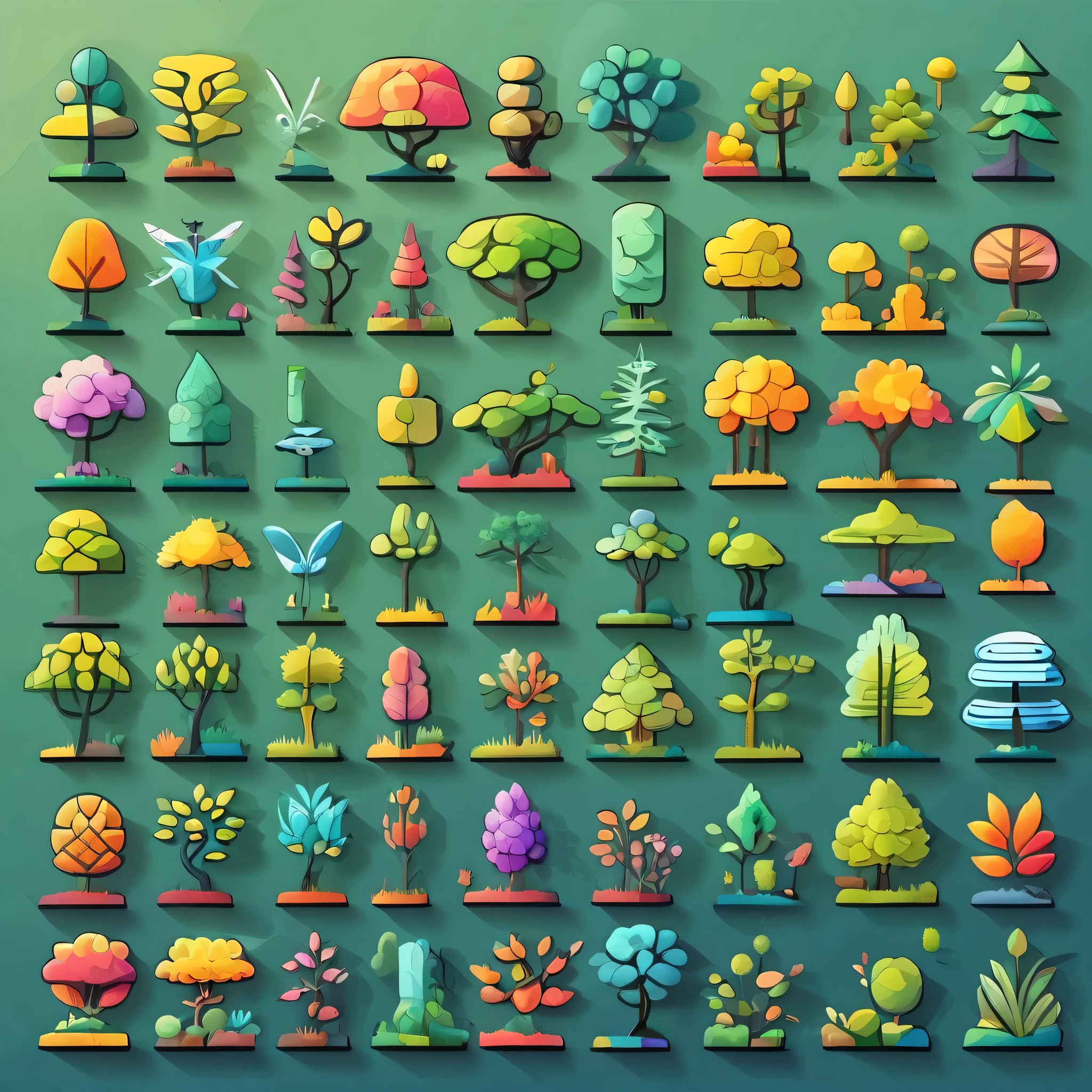 a set of illustrations of insects and plants on different colored backgrounds,tree collection set in grid format,various flat tree icons in different colors,various images of trees in a graphic style,2d game art,colored cartoon style,colorful gardens,flat chromatic fields,graphic design-inspired illustrations,in the style of colorful geometric shapes,in the style of cubist landscapes,in the style of cubist shapes and planes,lightbox,sculptural reliefs,rounded shapes,retro filters,rectangular fields,outdoor art,miniature and small-scale paintings,a man holding branches dubbed "world of wonders and creatures",colorful mindscapes,concept art,cryengine,in the style of colorful fantasy,in the style of colorful fantasy realism,in the style of fantastical and imaginative creatures,in the style of highly detailed foliage,inventive character designs,made of flowers,on parchment,
