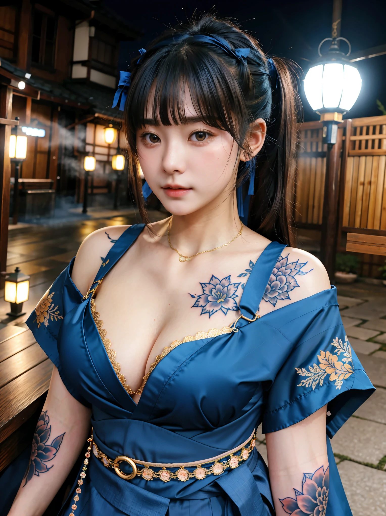 Georgeous, Beautiful, Cutes, , 20 Years Old, White Skin, Cleavage, Large Breast, Large Chests, ((Blue Gold Coloured)) Off Shoulder Japanese Kimono, Lace Kimono, Embroidery Kimono, Muscles, Athletic, Girly, Japanese Vintage Outdoor, Twintails, Hair with Bangs, Open Mouth, Masterpiece, Adorable, Beautiful Large Eye, Dramatic Vintage Lighting, (Yakuza Tattoo), ((Tattooed:1.1)), HDR, ((Foggy))