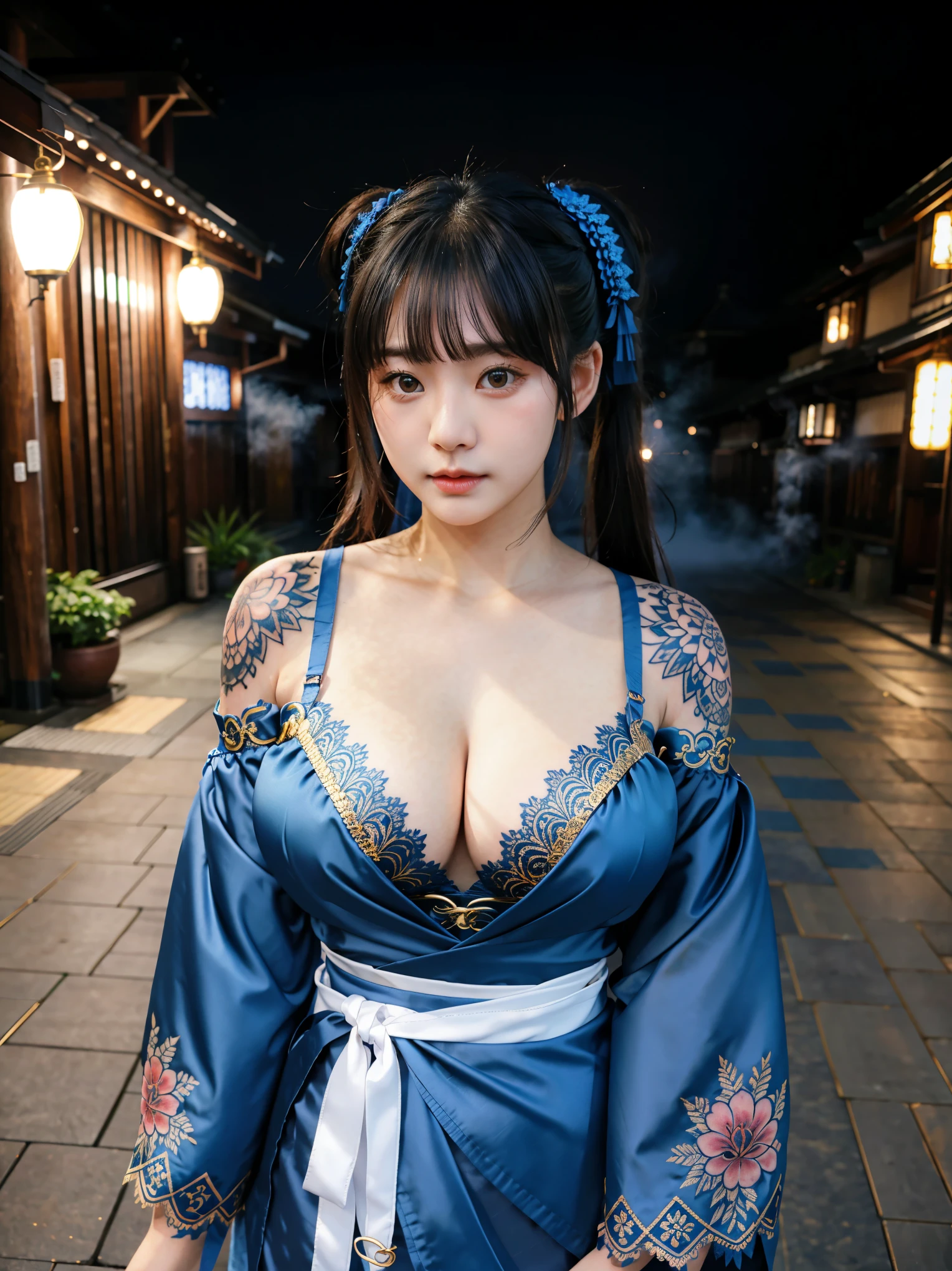 Georgeous, Beautiful, Cutes, Baby Face, 20 Years Old, White Skin, Cleavage, Large Breast, Large Chests, ((Blue Gold Coloured)) Off Shoulder Japanese Kimono, Lace Kimono, Embroidery Kimono, Muscles, Athletic, Girly, Japanese Vintage Outdoor, Twintails, Hair with Bangs, Open Mouth, Masterpiece, Adorable, Beautiful Large Eye, Dramatic Vintage Lighting, (Yakuza Tattoo), ((Tattooed:1.1)), HDR, ((Foggy))