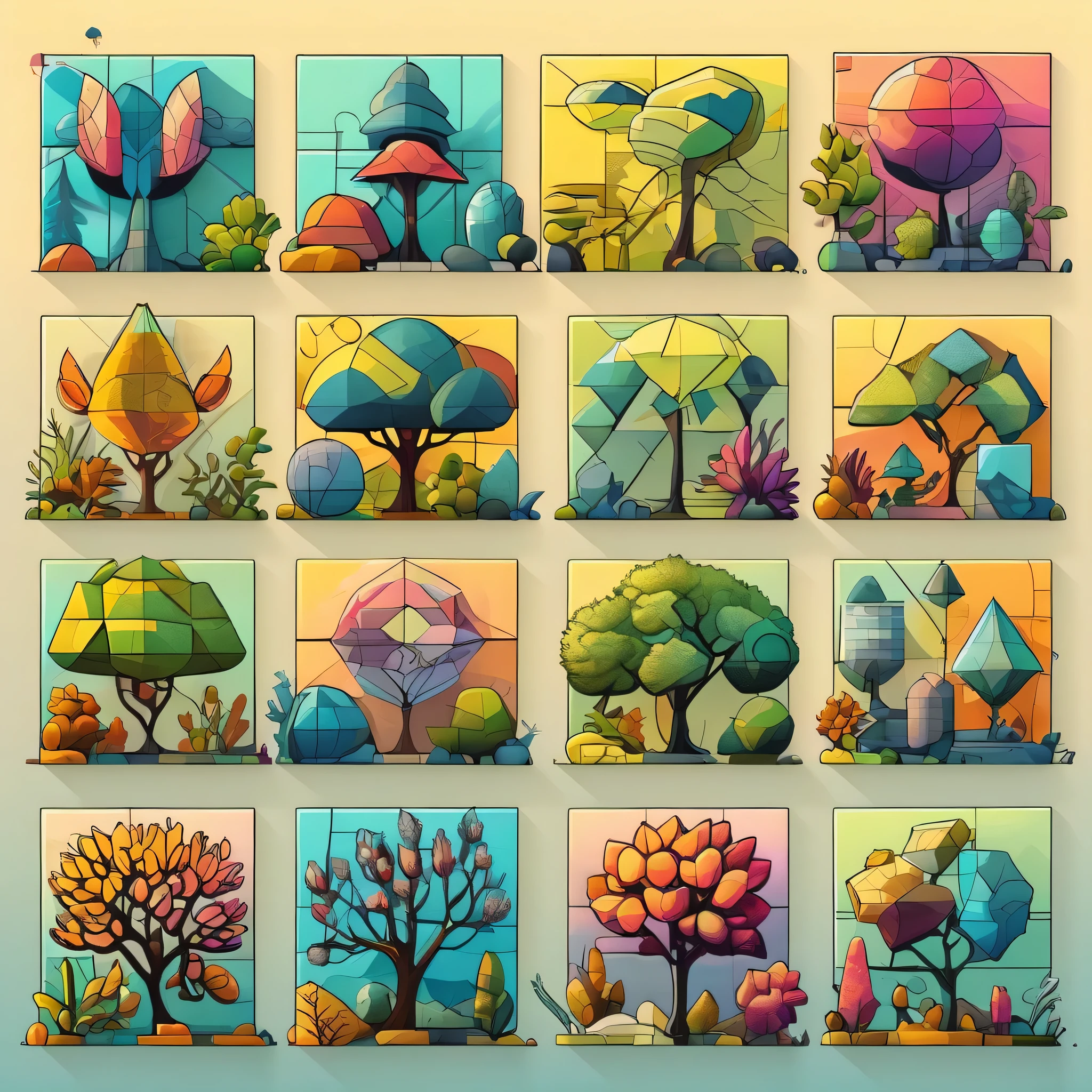 a set of illustrations of insects and plants on different colored backgrounds,tree collection set in grid format,various flat tree icons in different colors,various images of trees in a graphic style,2d game art,colored cartoon style,colorful gardens,flat chromatic fields,graphic design-inspired illustrations,in the style of colorful geometric shapes,in the style of cubist landscapes,in the style of cubist shapes and planes,lightbox,sculptural reliefs,rounded shapes,retro filters,rectangular fields,outdoor art,miniature and small-scale paintings,a man holding branches dubbed "world of wonders and creatures",colorful mindscapes,concept art,cryengine,in the style of colorful fantasy,in the style of colorful fantasy realism,in the style of fantastical and imaginative creatures,in the style of highly detailed foliage,inventive character designs,made of flowers,on parchment,