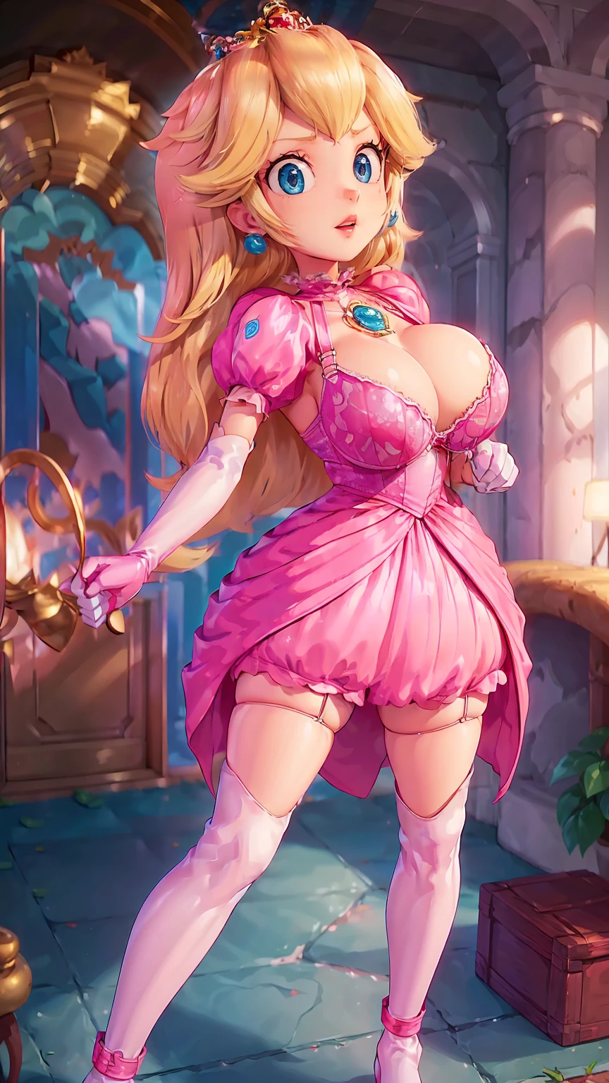 
((princess peach 44 masters ultra-precious ultra-detailed ultra-realistic sexy milf)),((long wavy blonde hair with a gorgeous pink bow ultra-detailed ultra-realistic)),((ultra-realistic detailed light blue eyes)),((ultra-realistic slut gorgeous makeup, lipstick, eyeliner, big eyelashes)),((lovely earrings with a heart)),((no crown)),((no headband)),((naughty face ultra-detailed friendly mischievous ultra-realistic)),((slim lady leather beautiful and sexy ultra-detailed ultra-realistic)),((huge juicy and sagging breasts ultra-detailed ultra-realistic, hard nipples large and swollen ultra-realistic)),((beautiful pink dress with bows and balls with incredible fantasy embroidery details ultra-detailed ultra-realistic ultra-quality)),(( dress has a huge neckline that lets her breasts come out of the dress)),((the skirt of the dress is open in the middle revealing her tiny and tight pink thong ultra-realistic detail)),((beautiful pink light with bows and balls with incredible Ultra-detailed fantasy embroidery details, ultra-realistic ultra-quality)),((wonderful fantasy white thigh-high stockings with bows and balls with incredible details, ultra-detailed fantasy embroidery, ultra-realistic ultra-quality)),((perfect ultra-realistic ultra-detailed beautiful pink heels)),((image ultra-quality)),((ultra-realistic image ultra-detailed ultra-quality)),((8k)),((walking through the castle garden ultra-detailed ultra-realistic)),((secret fantasy garden inside the castle ultra-detailed ultra-realistic)),( (she is walking through the garden walking detailed ultra-realistic)),