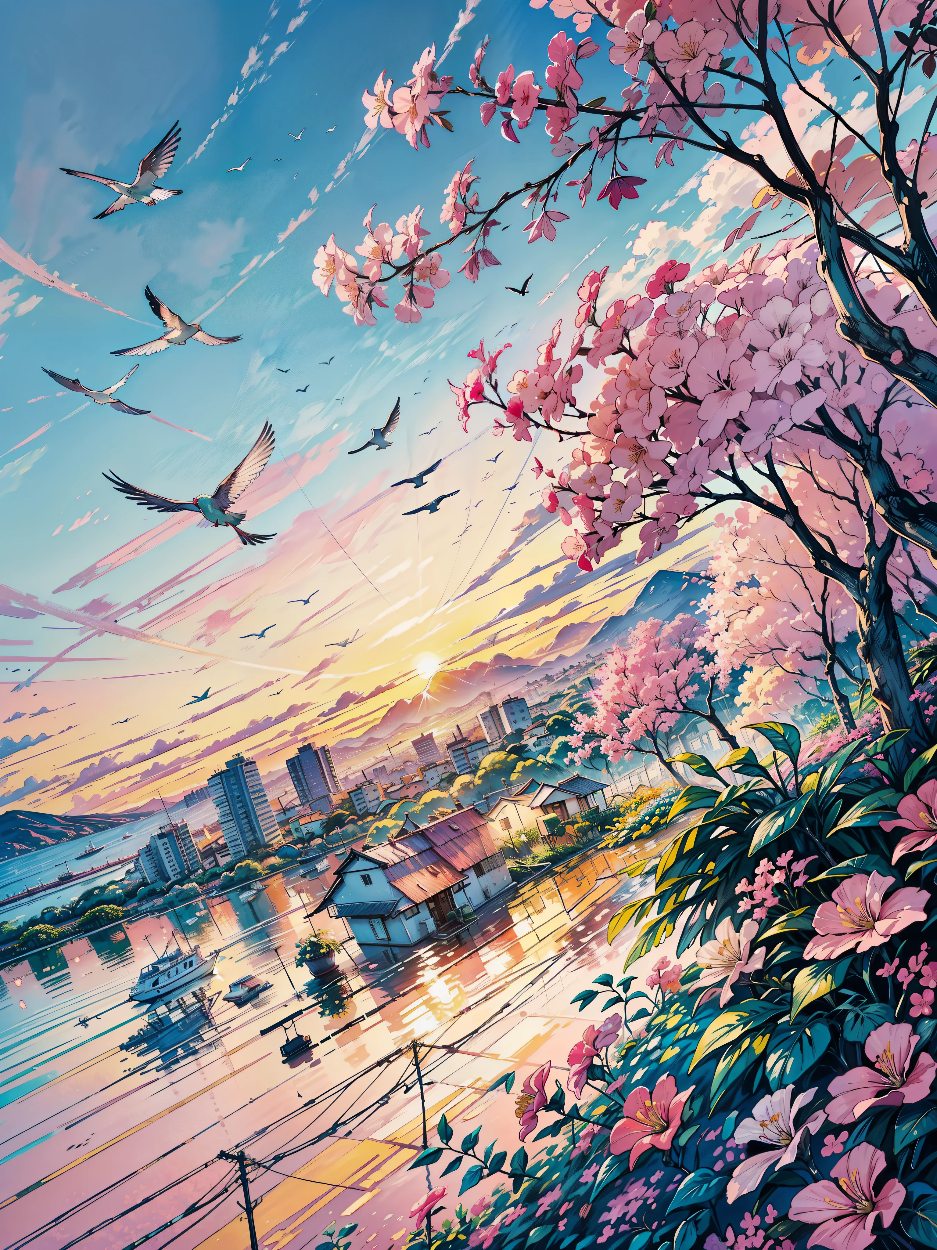 a painting of a flock of birds flying in the sky, bougainvillea, by Dave Arredondo, floral sunset, vibrant gouache painting scenery, calm and contented painting, by Sarah Gough Adamson, pastel palette silhouette, at gentle dawn pink light, floral splash painting, pink landscape, by Annabel Kidston, painting of a hummingbird