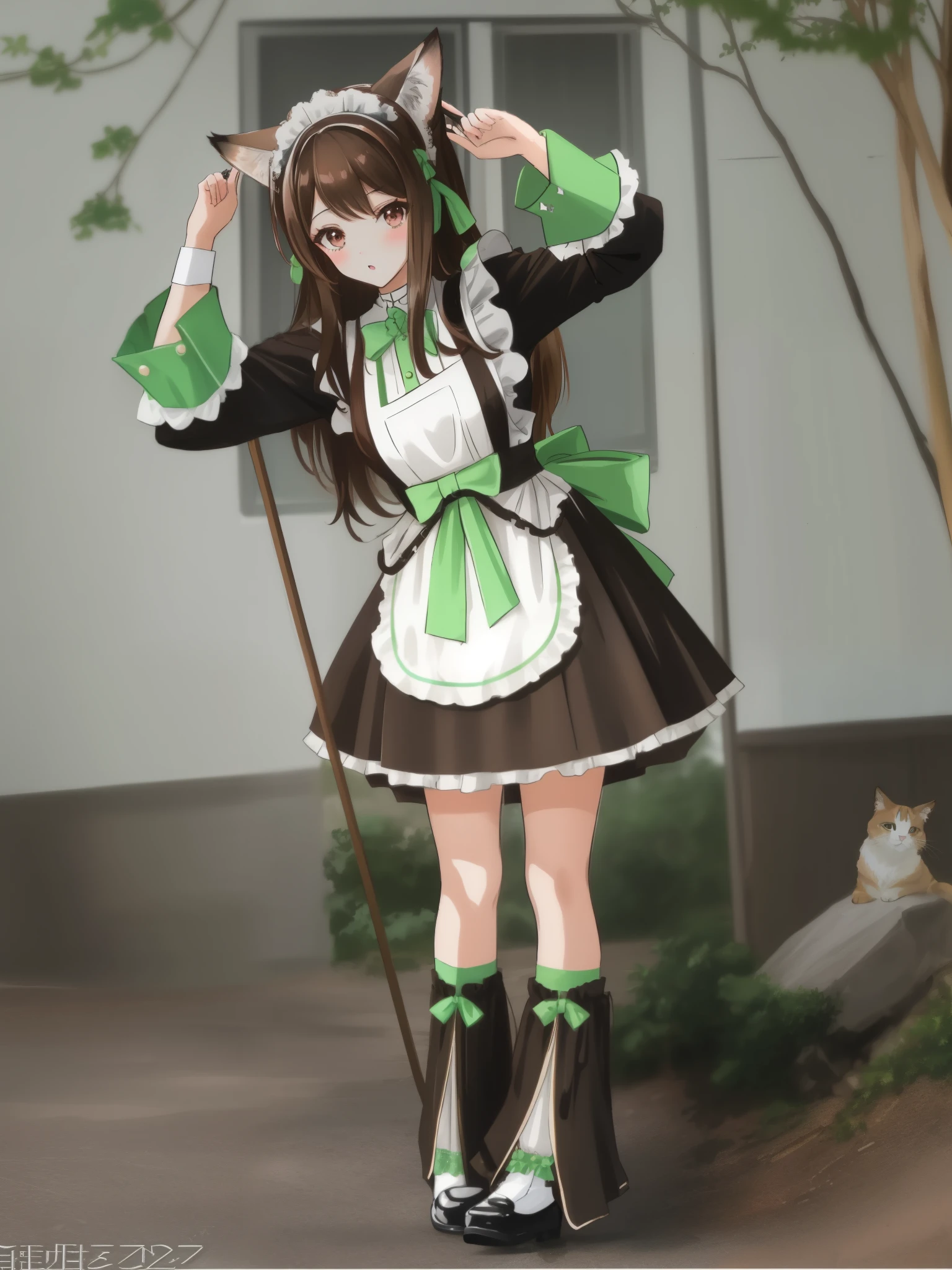 (brown long hair swept bangs:1.3), araffe dressed in a maid outfit posing for a picture, anime girl in a maid costume, maid outfit, cosplay of a catboy! maid! dress, maid dress, anime girl cosplay, anime cat girl in a maid costume, wearing maid uniform, maid costume, anime cosplay, , gorgeous maid, a maid in a magical forest, black gothic lolita dress