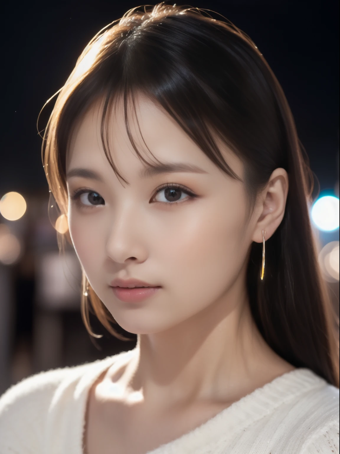 (8k、Original Photography、Top quality、masterpiece:1.2)、(Realist、Photorealistic:1.37)、Ultra Detailed、Ultra-high resolution、1 fair-skinned girl、Beautiful and delicate face、Night view、on the street、ponytail、knitted sweater、Bare shoulders、Clean weapons、(Glowing Earrings)