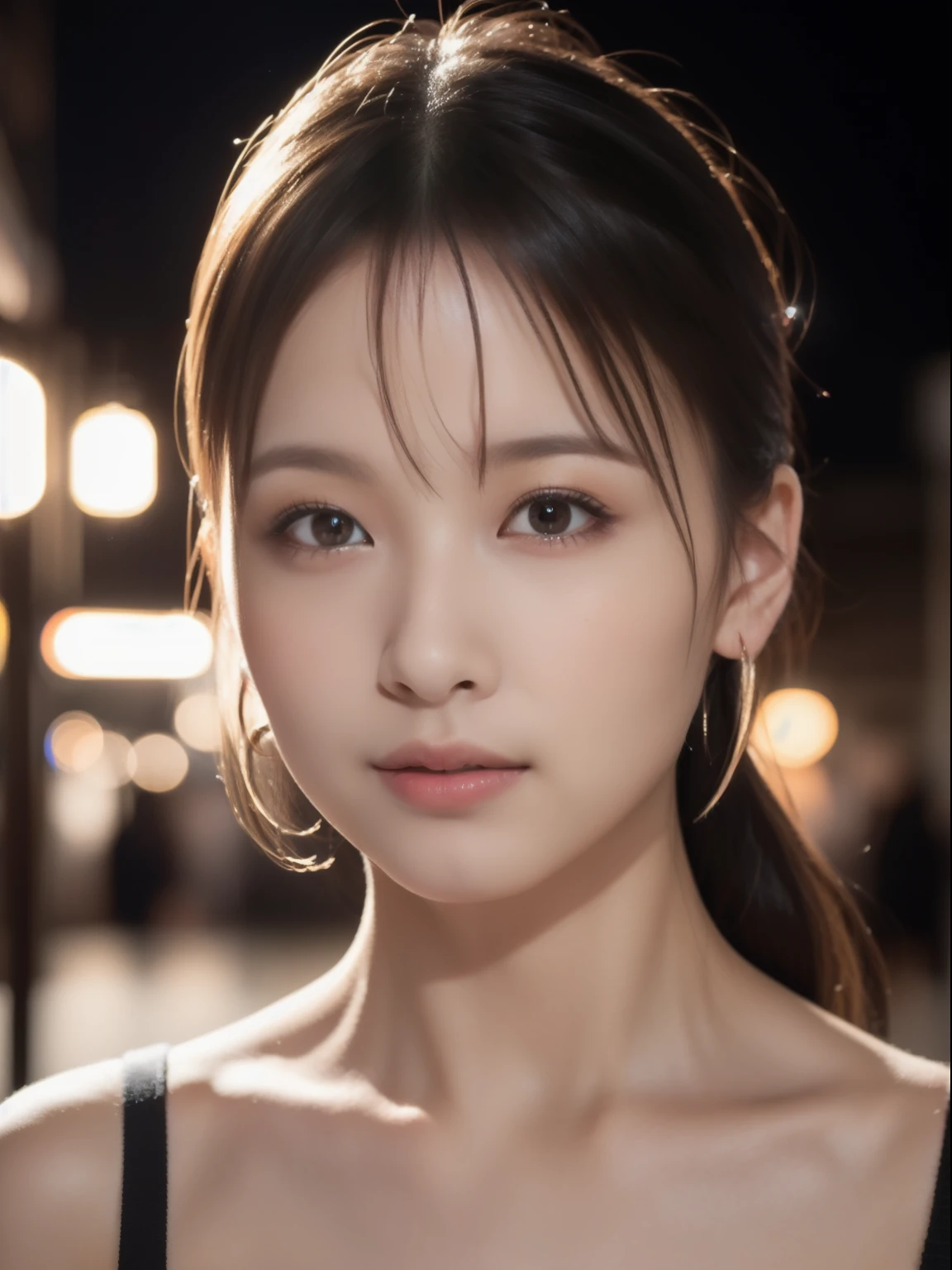 (8K、Raw photography、top-quality、masterpiece:1.2)、(realisitic、Photorealsitic:1.37)、ultra-detailliert、超A high resolution、1 fair-skinned girl、beautifull detailed face、nighttime scene、In the street、poneyTail、onepiece、bare shoulders、Bare arms、(glowing earrings)