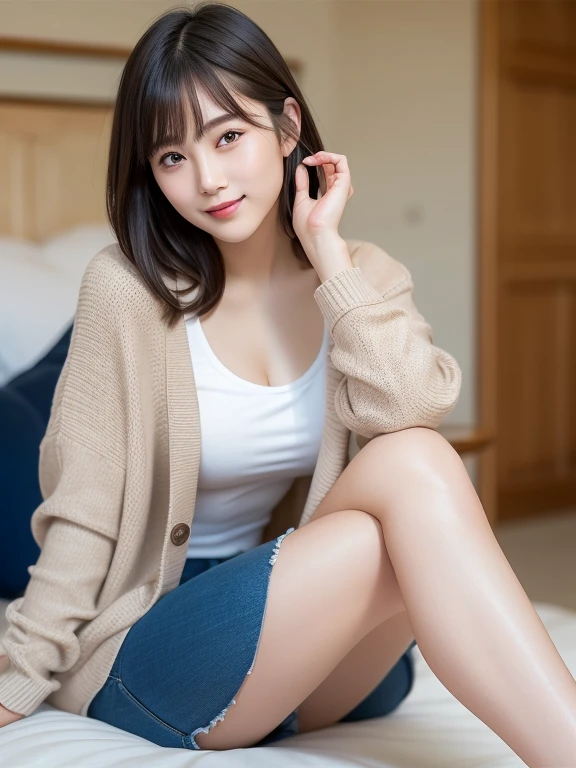 (highest quality:1.5)、(Realistic:1.5)、(1 person:1.5)、Very detailed、High resolution、8k、medium breasts、Natural color lips、Cute Smile、Japanese women、20-year-old girl、Beautiful and elegant face、Perfect and beautiful face、Balanced big eyes、Brunette eyes、Beautiful and elegant face、Natural double eyelids、Natural Bangs、Beautiful thin nose、Beautiful Skin、(Medium Bob Hair)、Natural Bangs、Perfect and beautiful face、Slim face and figure、Look at the viewers、(Staring at the camera with a sweet smile)、Bright lighting、Professional Lighting、Forward lighting、Beautiful feet:1.2、Smooth Skin、Slim Body、Slim waistline、slim thin thighs、Sit slouching、Bedroom、mini skirt、High stockings、Beautiful cleavage、Wear a bra、Outer cardigan with front buttons open、