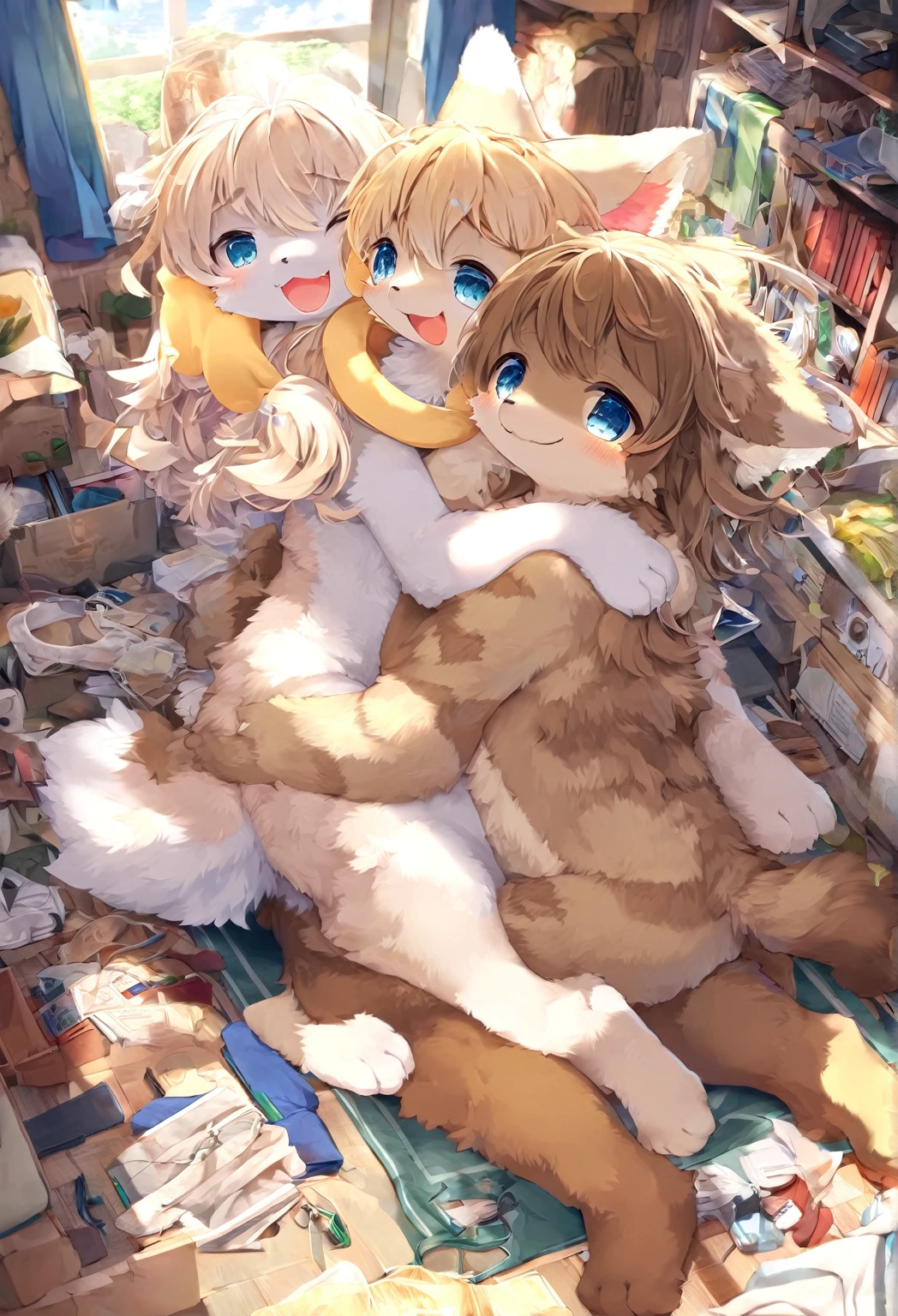 Ultra-high resolution, Detailed Background,  boy, girl, Happy, Joyful, Disorganized(kemono, Furry Personification),　Naked　Naked　Completely naked　Covered entirely in fur　Animal body types　Animal skeleton　Sexy　Adorable　Chemosafe　Pure，　No shame　having mating