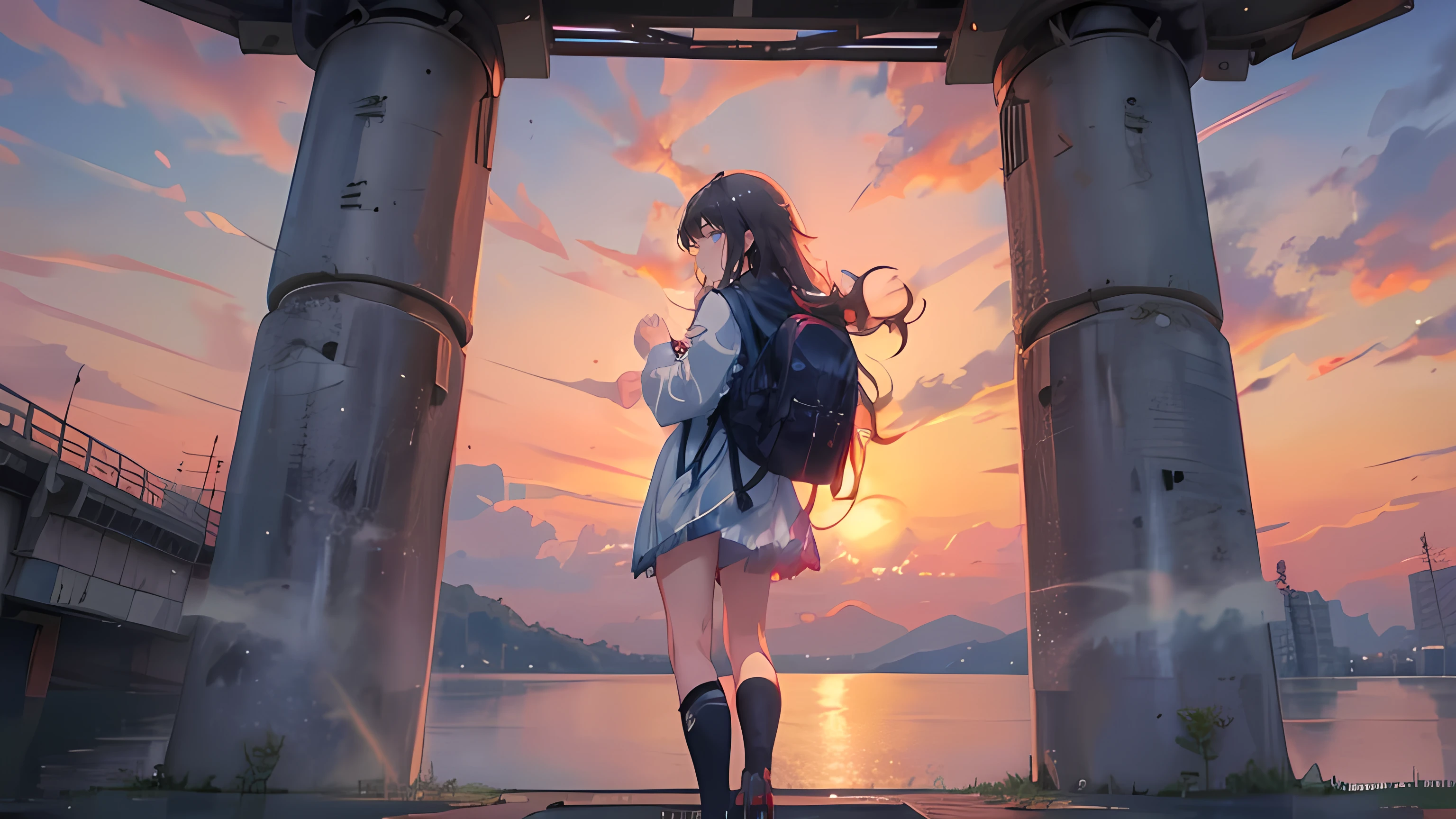 ((best quality)), ((masterpiece)), (detailed), high resolution, perfect face, perfect composition, hyperrealistic, super detailed, 8k, high quality, anime girl looking at the sunset with a backpack, anime art wallpaper 8 k, watching the sun set. anime, anime art wallpaper 4 k, anime art wallpaper 4k, makoto shinkai cyril rolando, 4 k manga wallpaper, anime wallpaper 4k, anime wallpaper 4 k, 4k anime wallpaper, style of alena aenami, looking at sunset,