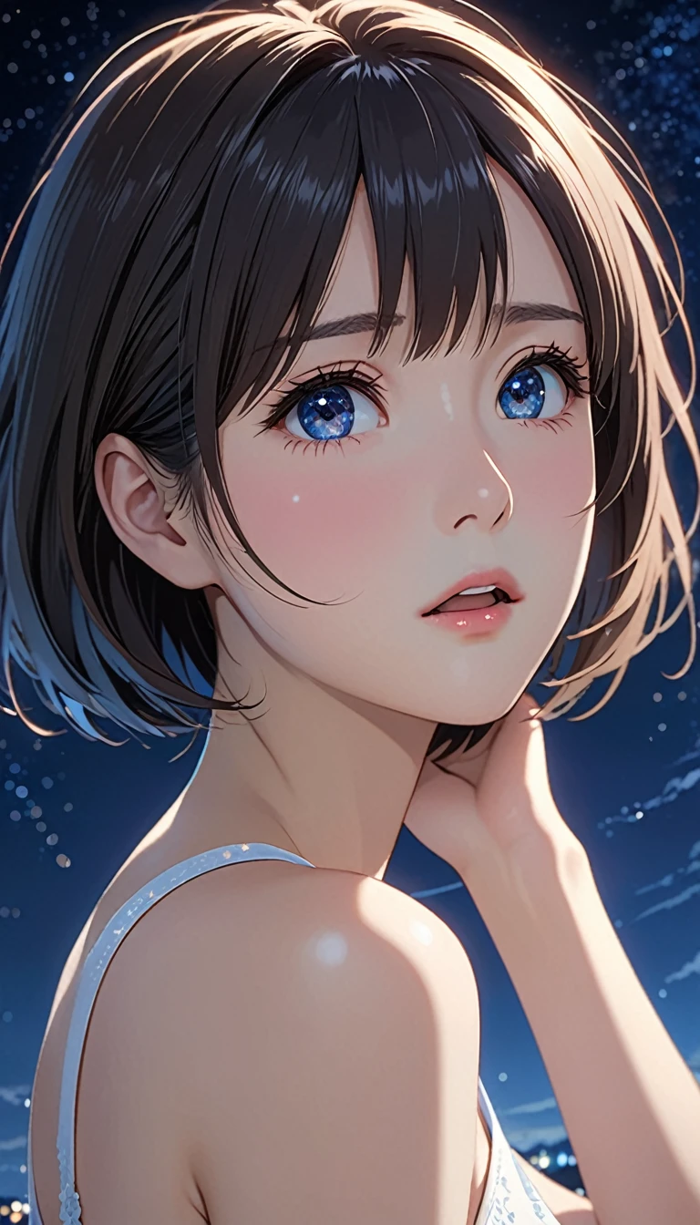 National Science Foundation,masterpiece,High resolution,refer to,Kyoto Animation Style,Your Name movie style,night,midnight,Light,(1 female: 1.3),(alone: 1.4),Long eyelashes,Thin legs,Short Bob,Sexy pose,Nothing to wear,close,Close-up,night星空,Eyes as deep as the starry sky,Blushed,Open your mouth,(tear up)