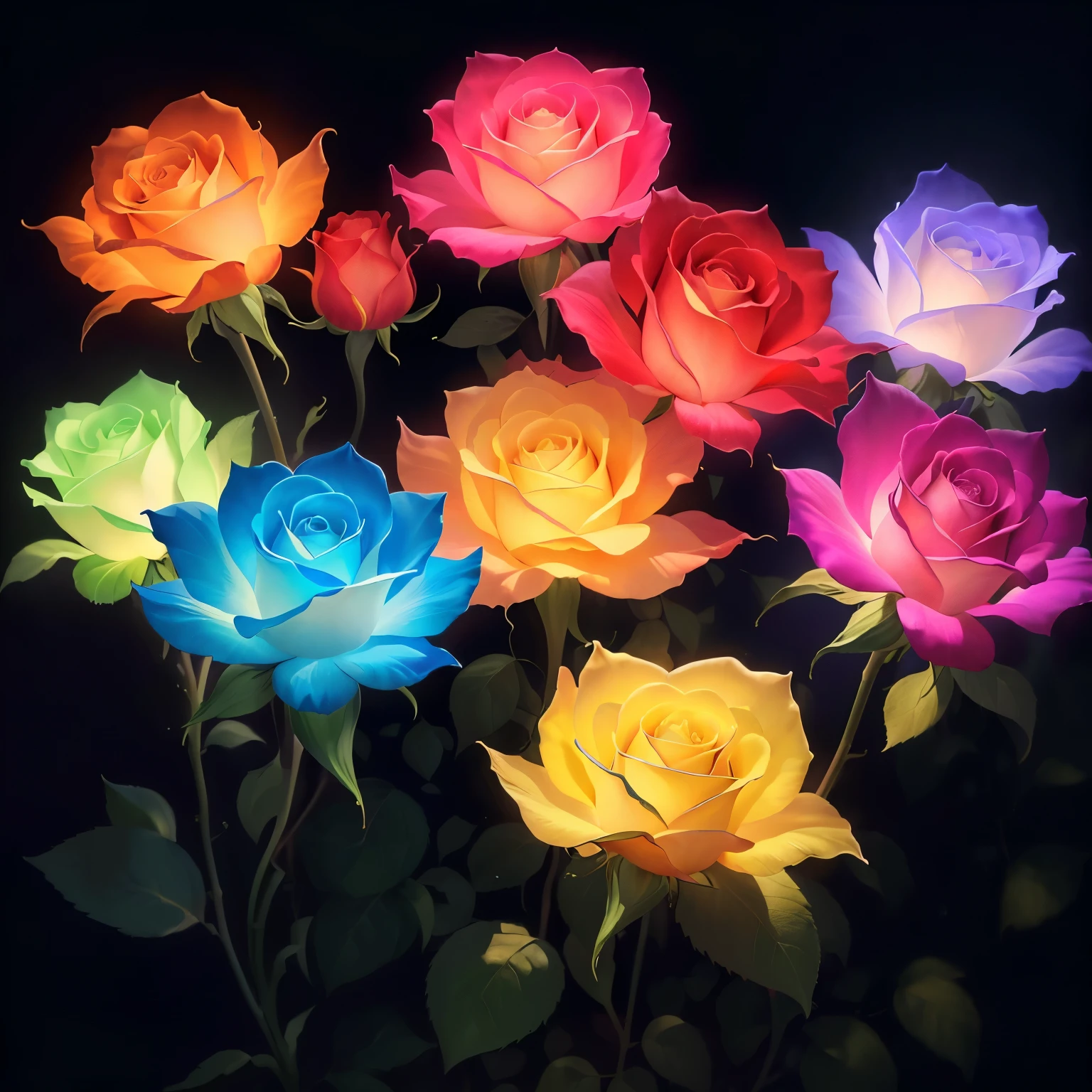 
masterpiece, best quality, 8K Ultra HD,Glowing roses，Translucent leaves，Transparent petals，Warm lighting，Background blur，Close focal length，Background light spot，