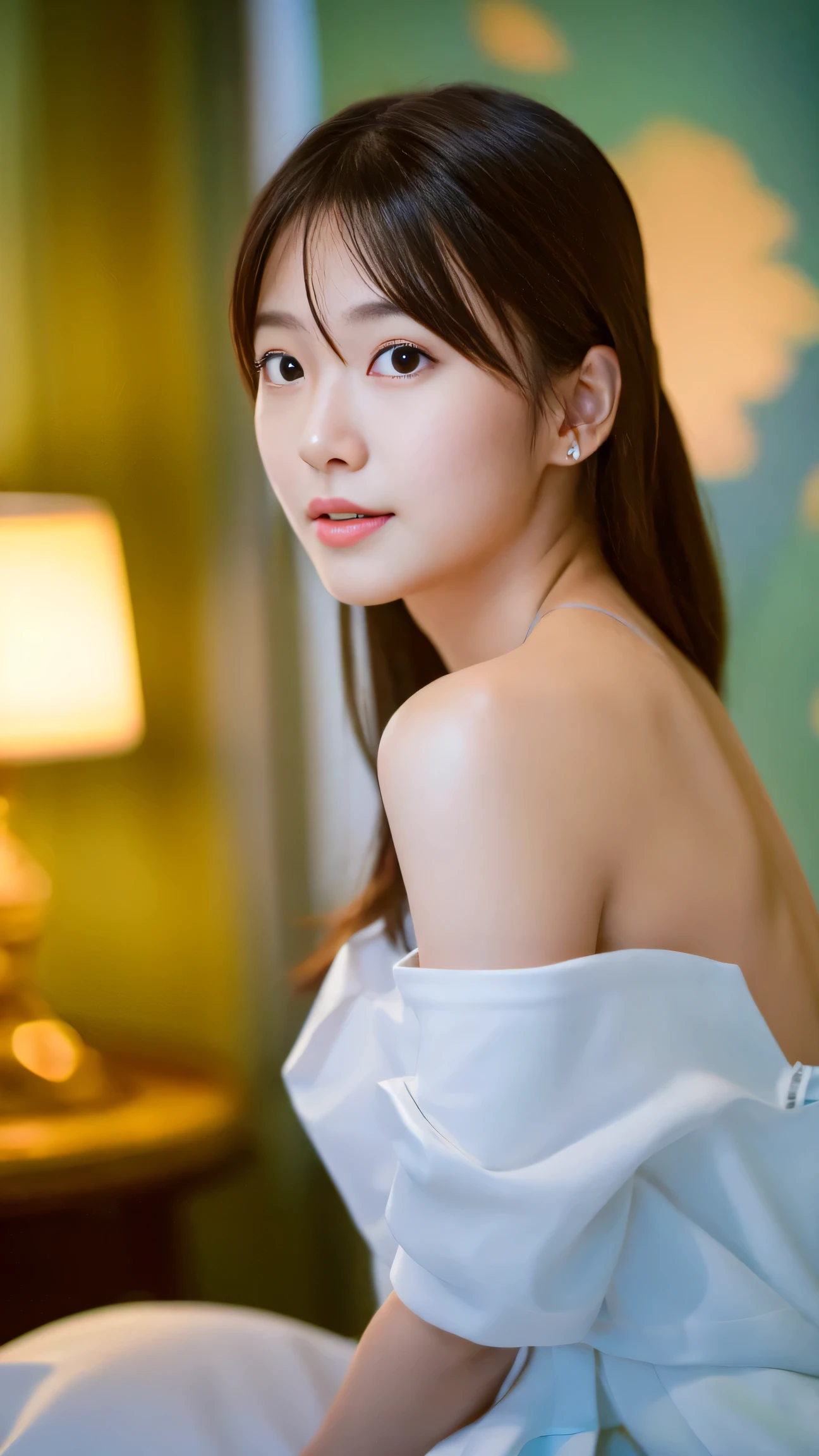 (Japan idols at 20 years old), Official Art, 8k unity wallpaper, ultra be familiar with, beautiful, masterpiece, Ultra HD Photos, high quality, Realistic, Professional Lighting, Delicate face, (Half squat lightweight one-shoulder dress, Very small breasts,be familiar with) (bedroom), beautiful, Very fine skin, Realistic skin details, Visible pores, Sharp focus, 8K Ultra HD, Digital single-lens reflex camera,Dimples,Looking at this,