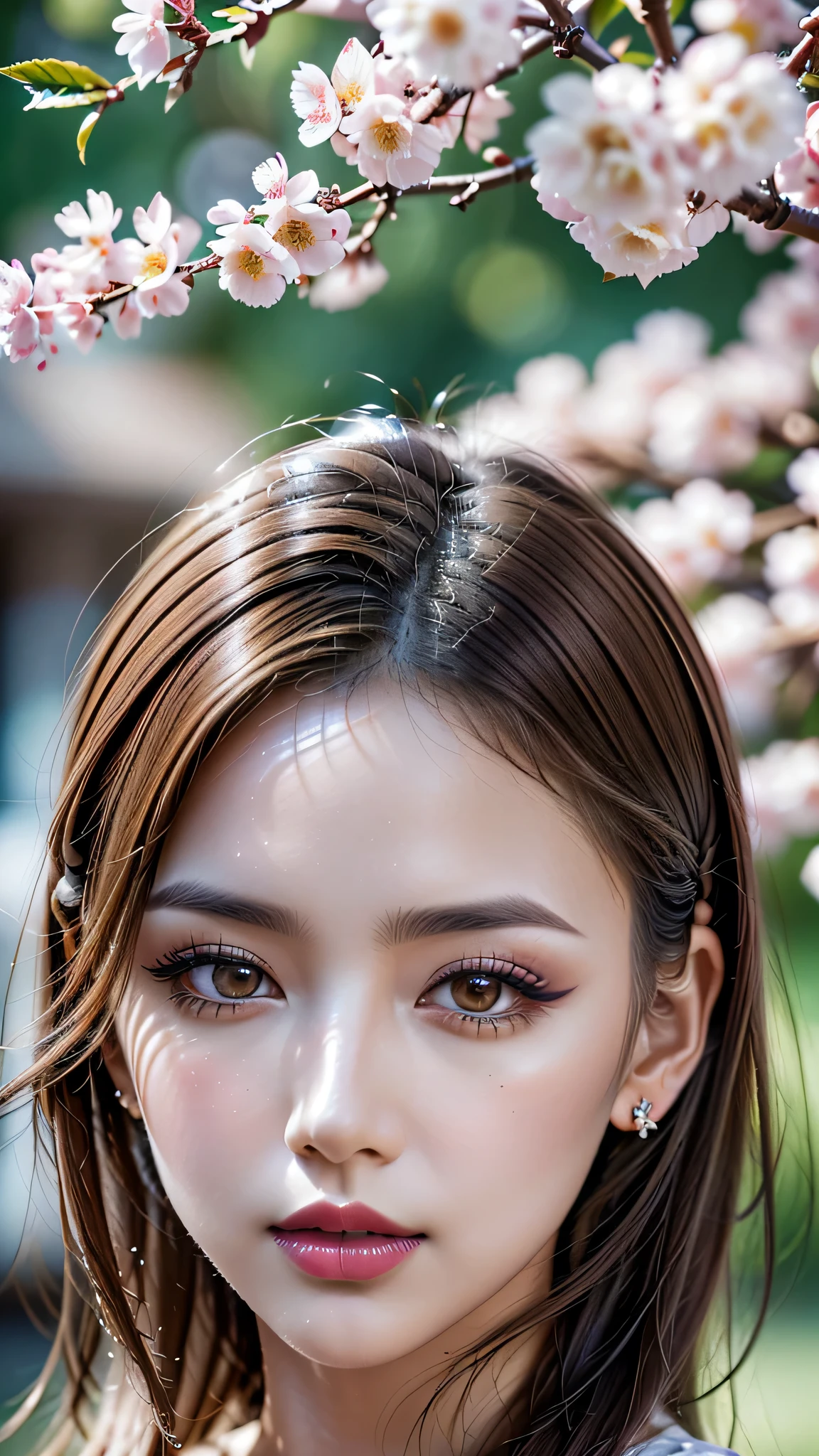 (1girl:1.35, 20-year-old), Realism, highest resolution, (highest quality realistic texture skin), ((highest quality realistic texture brown hair, ((slicked to the side)), incredibly intricate detailed:1.35)), (outside,an orchard of blooming cherry trees:1.3),((perfect proportions)), ((anatomically correct), very small round head:1.4), ((firm and full breasts:1.3)),(the most absurd quality perfect eyes), ((beautiful sharp-face), extremely detailed:1.3), (light pale complexion), ((clear no blur and sharp perfect round realistic brown_eyes:1.35), super detailed:1.4), finely detailed pupils, detailed lips:1.3, (long_blue_eyeliner:1.35), (pink_lipstick:1.4), ((perfect lightning_eyeshadows:1.25)), (Detailed nose:1.2), (Upper body shot), ((highly elaborate extravagant microscopic street outfit:1.15)), (close up of her face), exquisite balance of shadows,perfect composition, ((look at the viewer)), Hasselblad, 85mm f/4.0