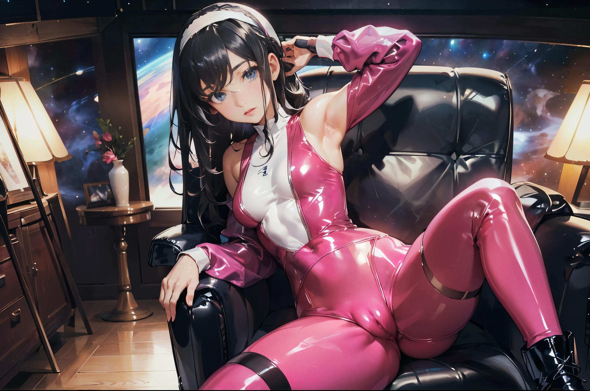 (maximum resolution: 1.2), (ultra high definition:1.2), cinema light, 8K resolution, fine eyes and skin, detailed face, perfect style, cute face, Accurate, anatomically correct, Highly detailed face and skin texture, beautiful and meticulous droopy eyes, 23 years old, (black hair:1.5), long hair, parted bangs, blue eyes, (white hairband:1.5), (long sleeves one-piece latex dark pink suit:1.5), (armpit:1.5), (tights:1.2), (cameltoe:1.5), (boots:1.5), sitting on the chair, (in the universe:1.5),