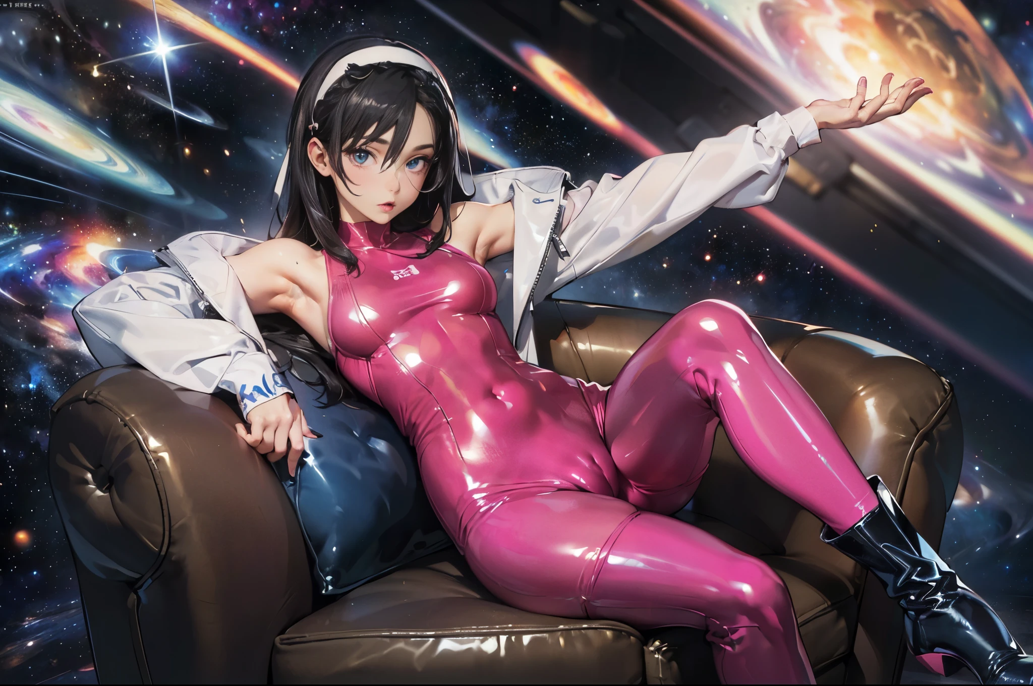 (maximum resolution: 1.2), (ultra high definition:1.2), cinema light, 8K resolution, fine eyes and skin, detailed face, perfect style, cute face, Accurate, anatomically correct, Highly detailed face and skin texture, beautiful and meticulous droopy eyes, 23 years old, (black hair:1.5), long hair, parted bangs, blue eyes, (white hairband:1.5), (long sleeves one-piece latex dark pink suit:1.5), (armpit:1.5), (tights:1.2), (cameltoe:1.5), (boots:1.5), sitting on the chair, (in the universe:1.5),