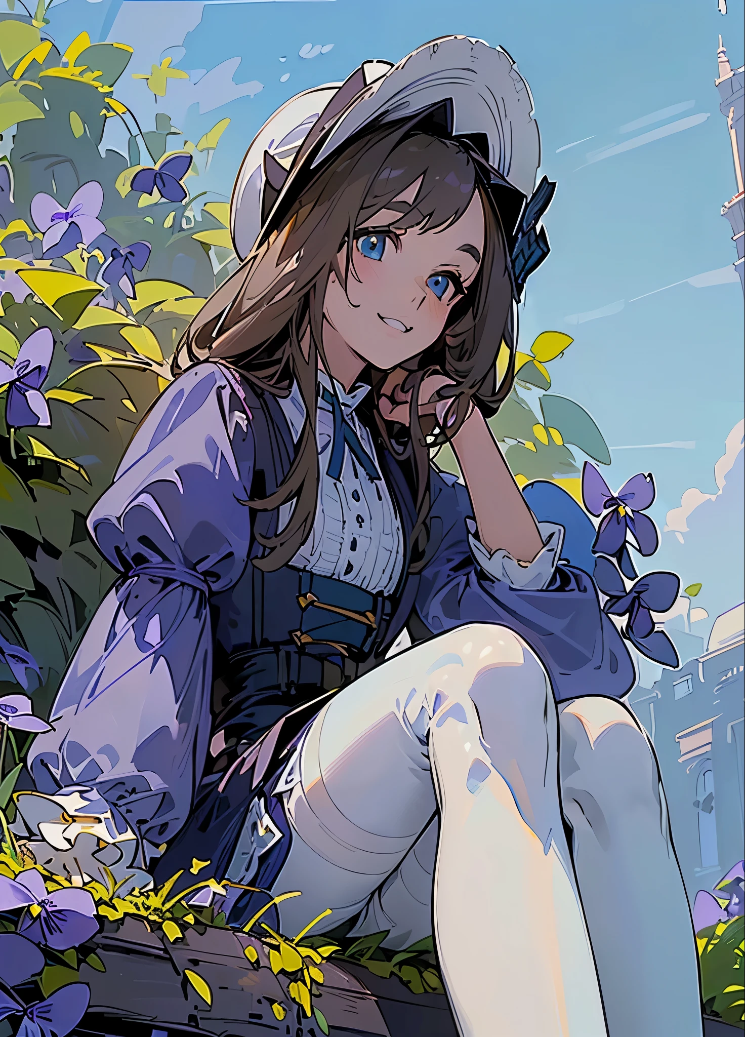 1girll, (((cabellos largos dorados))), (((blue color eyes))),Light smile, Hat,(((Sitting))),Outdoors,(((blue clear skies))),(((Violets grow on the grass next to it))),((((Anne Hathaway)))),(((white stockings))),(((Wear blue high heels))),happy