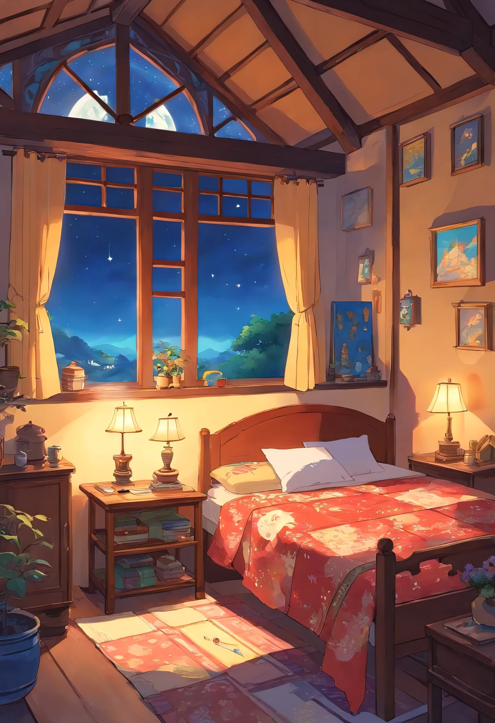 Zhuang Style Room，There is a little boy sleeping in the bed，Covered with quilt，There is a table next to the window，There is a spinning top on the table.，Moonlight comes in