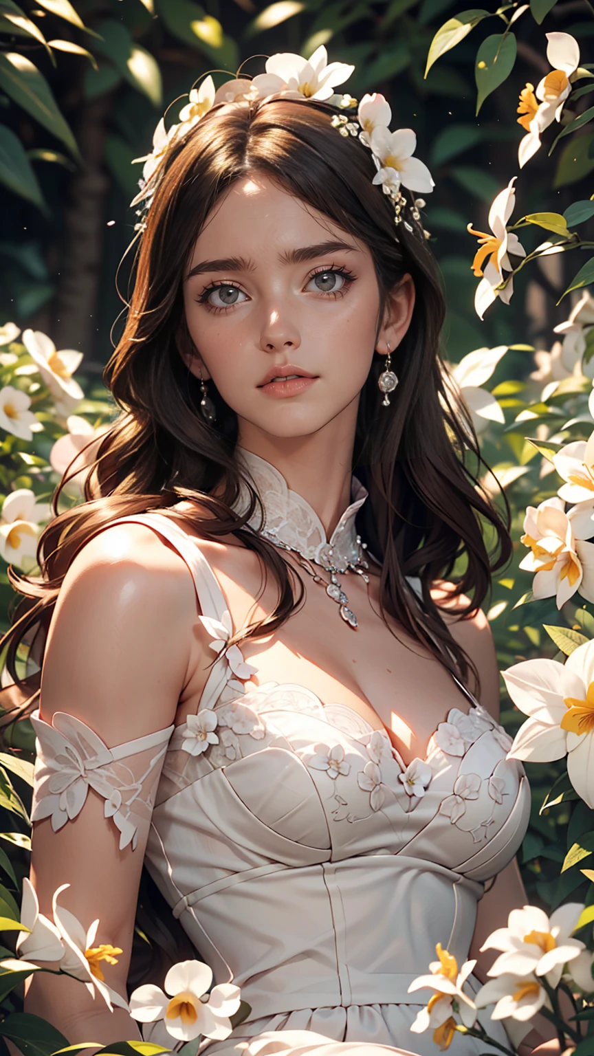 Better Quality,4K,8k,High resolution,Master Parts:1.2),Ultra-detailed,(Realistic,Realistic,Photorealistic:1.37),Portraiture,woman,long flowing hair,Whitish iris,Hollow Gaze,Plump pink lips,White flowers bloom on the tips of her hair,Interesting appearance,Medium Shot,Black Dress.Long delicate legs