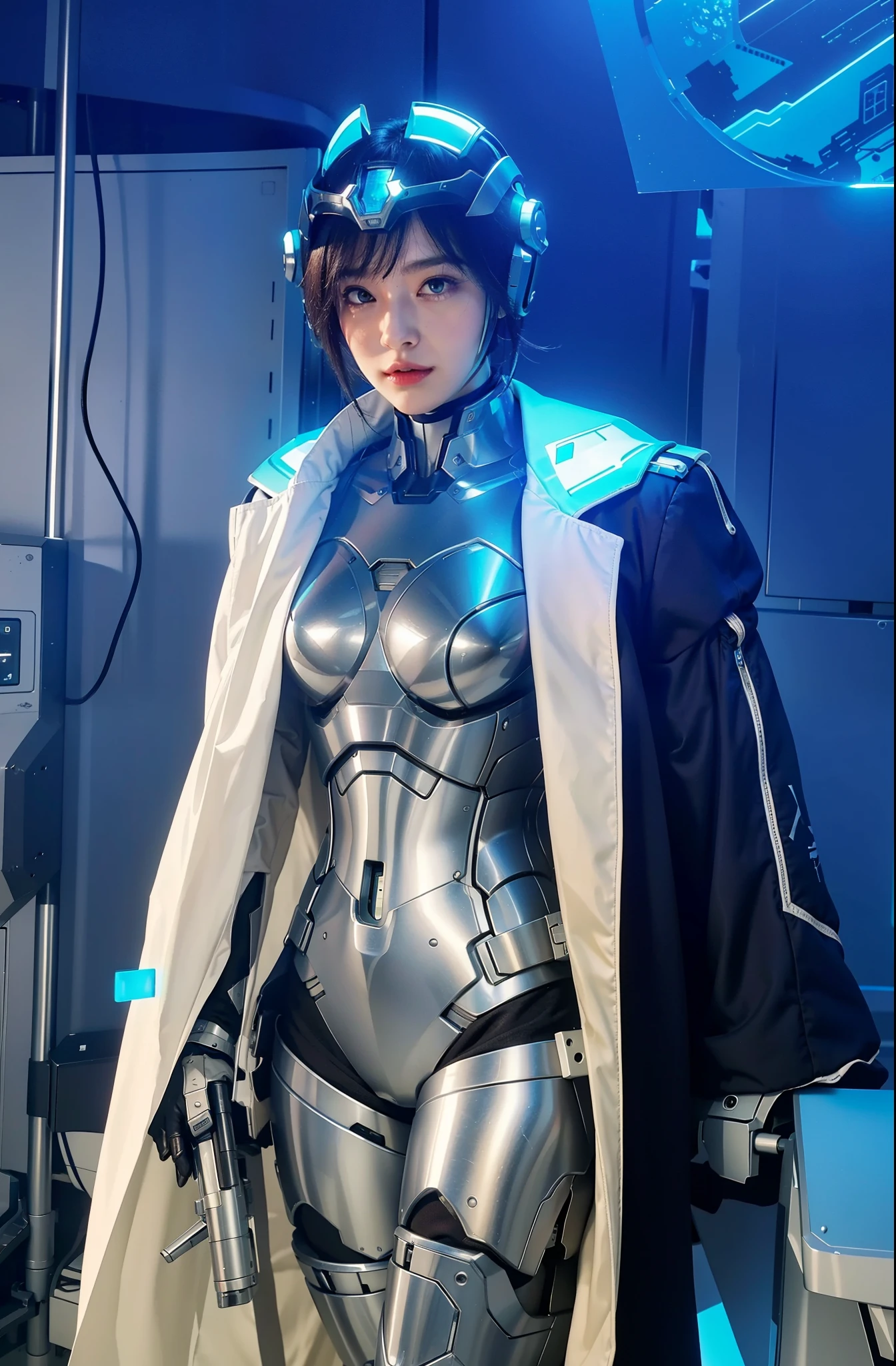 Futuristic high-tech style,best quality,Fairy Skin,(every time :1.2),eternal,Ultra Detailed,Practical,high quality,Light,Light线追踪,Ultra HD,upper body, Future Iron Man Mech,shooting,Battery,Transmitter,Large caliber artillery,Rostlan 8K,Mecha Cyber Armored Girl,Wearing a cyberpunk technology helmet,Warframe Helmet,With breathing Light,The armor of the future shines,Armed Cannon,High-tech armor,helmet,breasts symmetrical,3D game modeling,Steel armor,Steel Arm,With a gun in hand,,Cyberpunk clear glass glasses(眼镜上有发Light显示器)