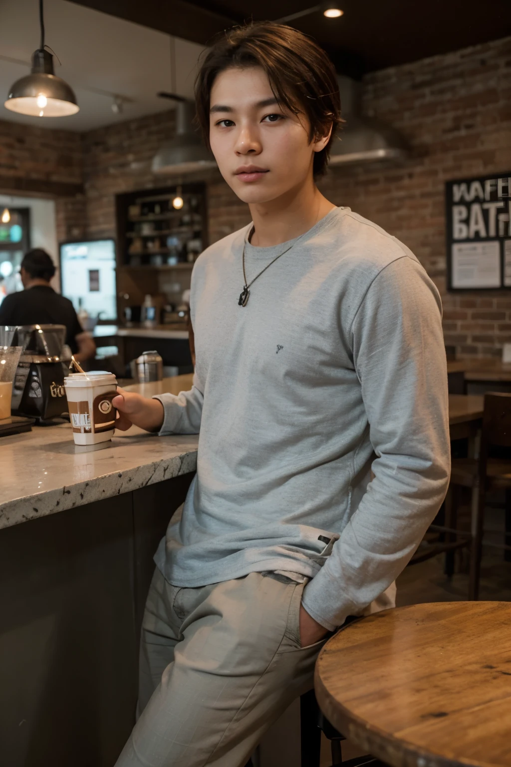 A photograph of a gorgeous, beautiful mongolian boy in wearing casual clothes , realistic, background statue of liberty, sitting coffee shop, 22 years old HDR 4K, 8K,