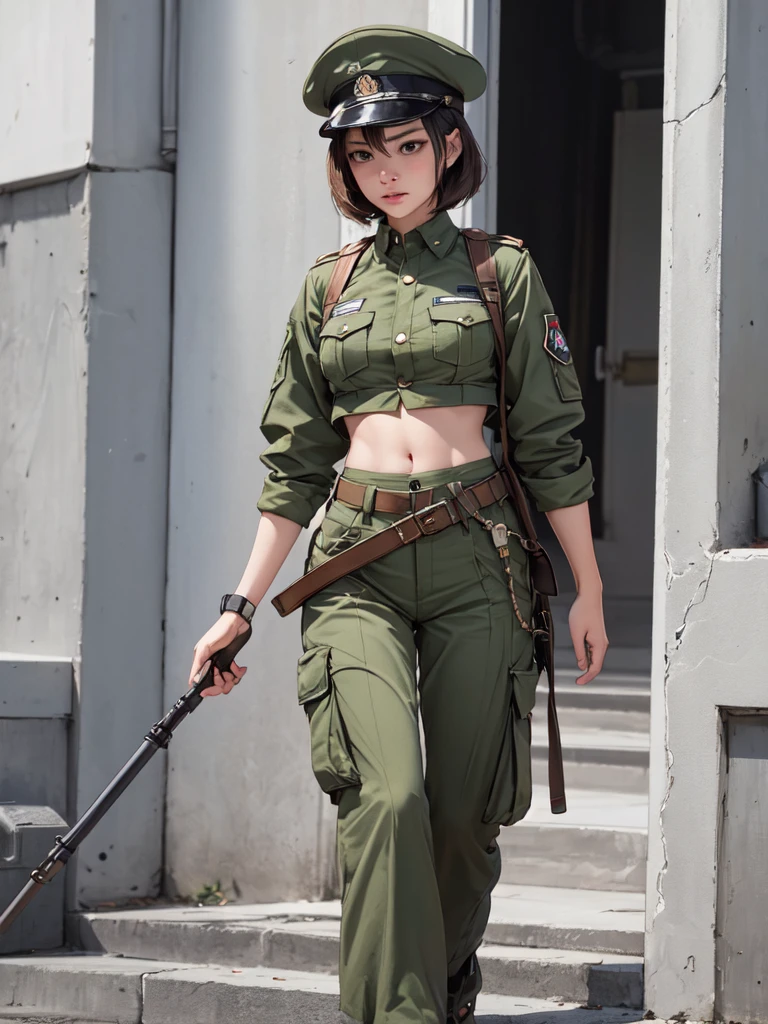 Women in crop top soldier uniform, soldier hat, military Shirt brooch,  exposed abdomen area, very low waist cargo pants, navel, 45 years-old, high ranking , military standing , Walk around and inspect realistic, high quality , 