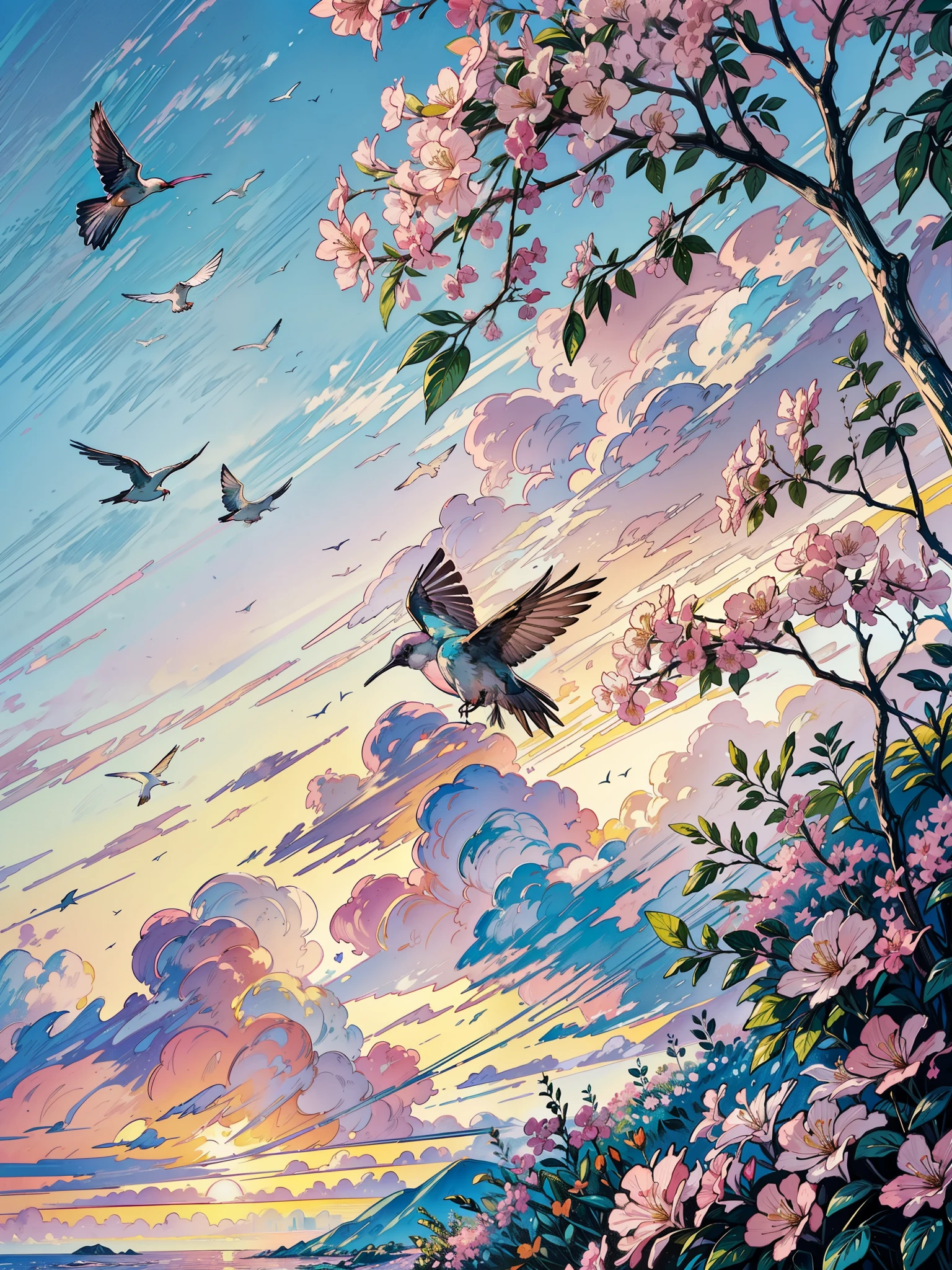 a painting of a flock of birds flying in the sky, bougainvillea, by Dave Arredondo, floral sunset, vibrant gouache painting scenery, calm and contented painting, by Sarah Gough Adamson, pastel palette silhouette, at gentle dawn pink light, floral splash painting, pink landscape, by Annabel Kidston, painting of a hummingbird