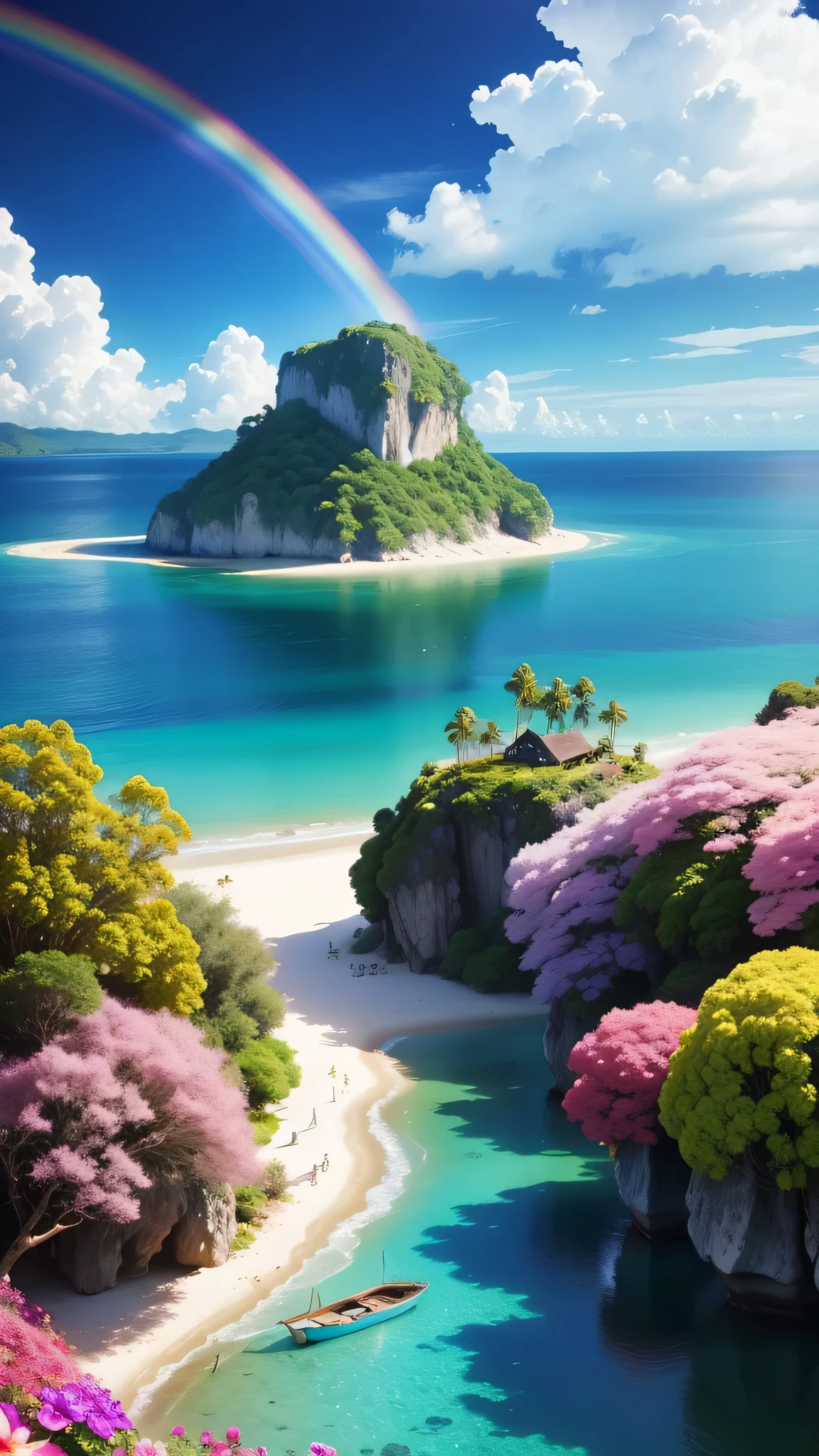 An enchanted island full of rainbows, flores coloridas e borboletas.