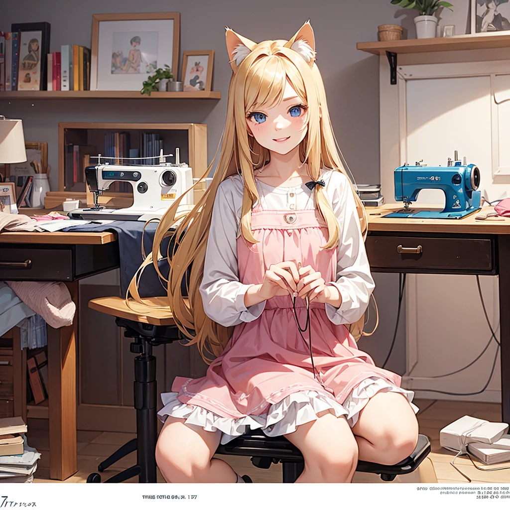 Cute girl with cat ears ,17 years old ,cat like eyes ,Long blond hair,Lovely smile ,Cute clothes ,There is a sewing machine next to it.