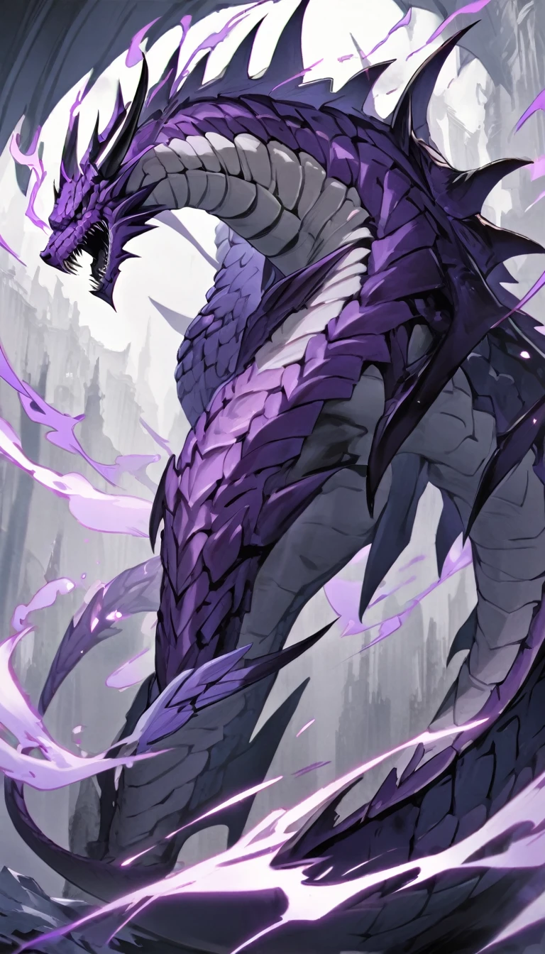 Solo male、Naga、Purple scales all over the body、Muscular dragon head、sharp claw,bottom of Serpent 、BREAK、White Aura、Full body view、(absurdres),masterpiece,