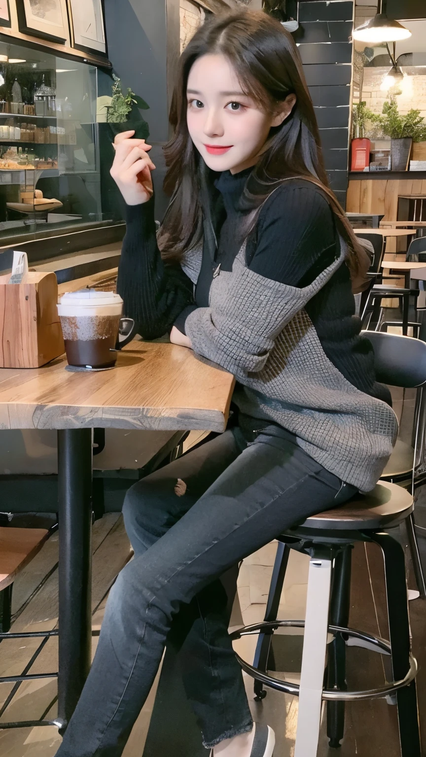 (Practical, high resolution:1.2), 1 girl, The face shape and eyes are super delicate, Long hair, Tight black vest with black jacket, Short jeans, Sitting in a cafe chair, In the cafe, Coffee on the table, Large Breasts