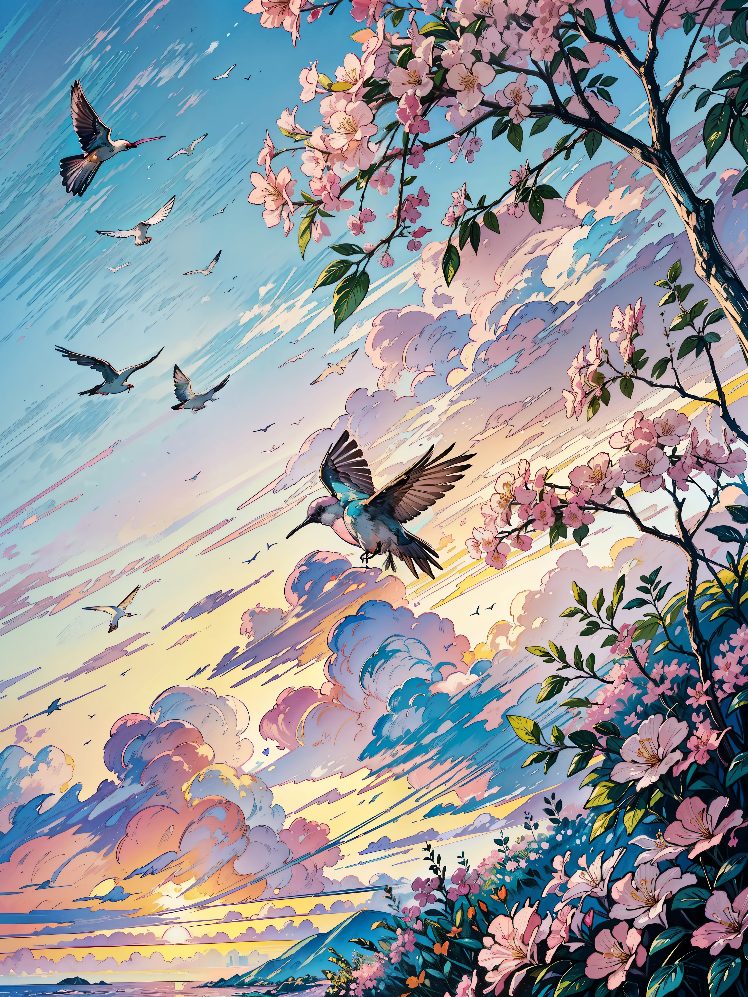 a painting of a flock of birds flying in the sky, bougainvillea, by Dave Arredondo, floral sunset, vibrant gouache painting scenery, calm and contented painting, by Sarah Gough Adamson, pastel palette silhouette, at gentle dawn pink light, floral splash painting, pink landscape, by Annabel Kidston, painting of a hummingbird