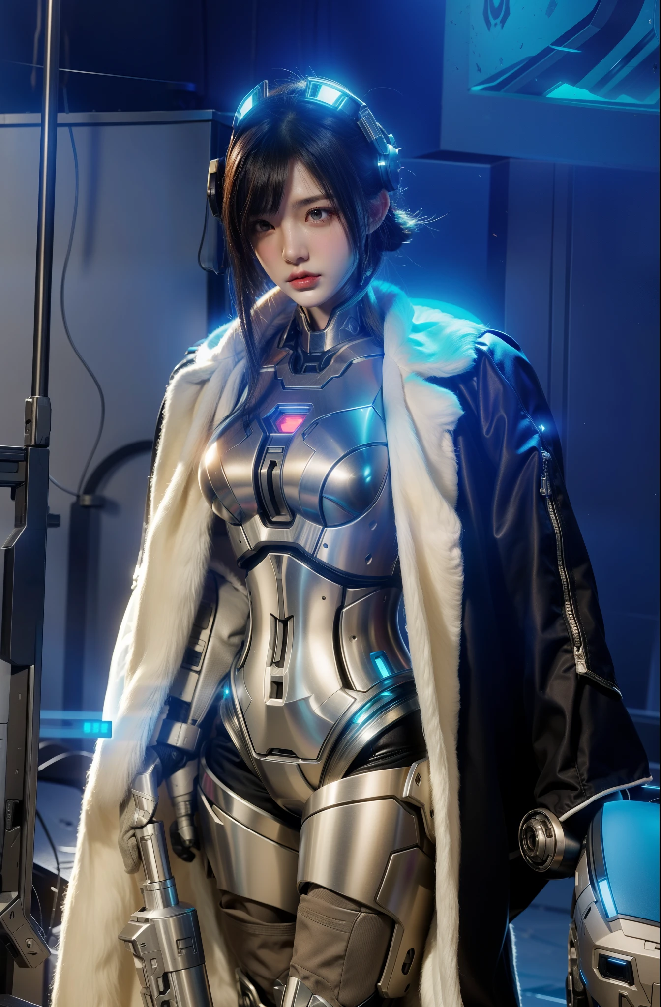 Futuristic high-tech style，best quality,Fairy Skin,(every time :1.2),eternal,Ultra Detailed,Practical,high quality,Light,Light线追踪,Ultra HD,upper body, Future Iron Man Mech，shooting，Battery，Transmitter，Large caliber artillery，Rostlan 8K，Mecha Cyber Armored Girl,Wearing a cyberpunk technology helmet，Warframe Helmet，With breathing Light，The armor of the future shines，Armed Cannon，High-tech armor，helmet，breasts   symmetrical，3D game modeling，Steel armor，Steel Arm，大拇指握着激Light枪，With a gun in hand，，Cyberpunk clear glass glasses(眼镜上有发Light显示器)