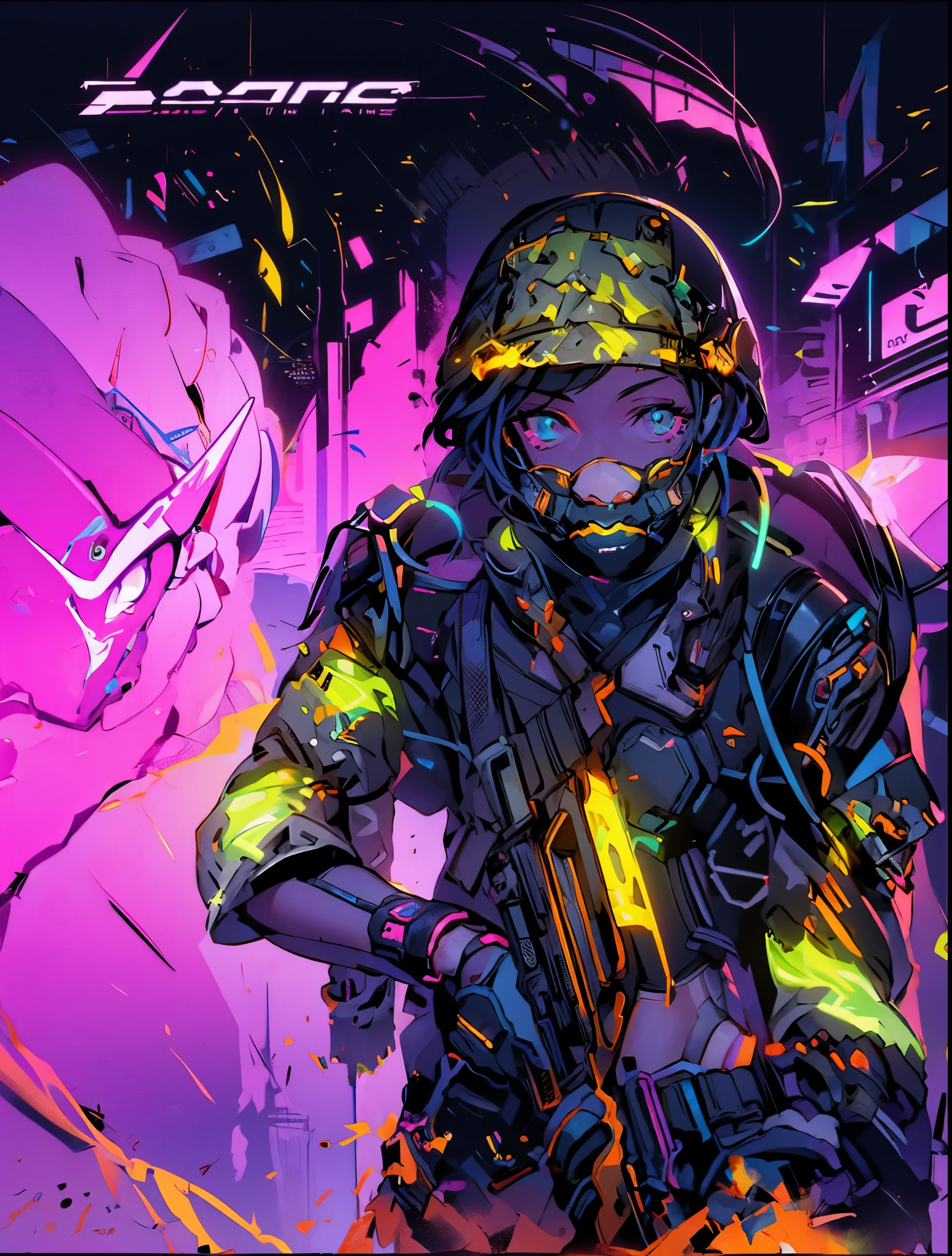 A soldier,, Dynamic Synthesis,Bold font style, Kids Core, jungle punk,Dolly is, Monochrome scheme, Lamekai--ar 3:200 --Second