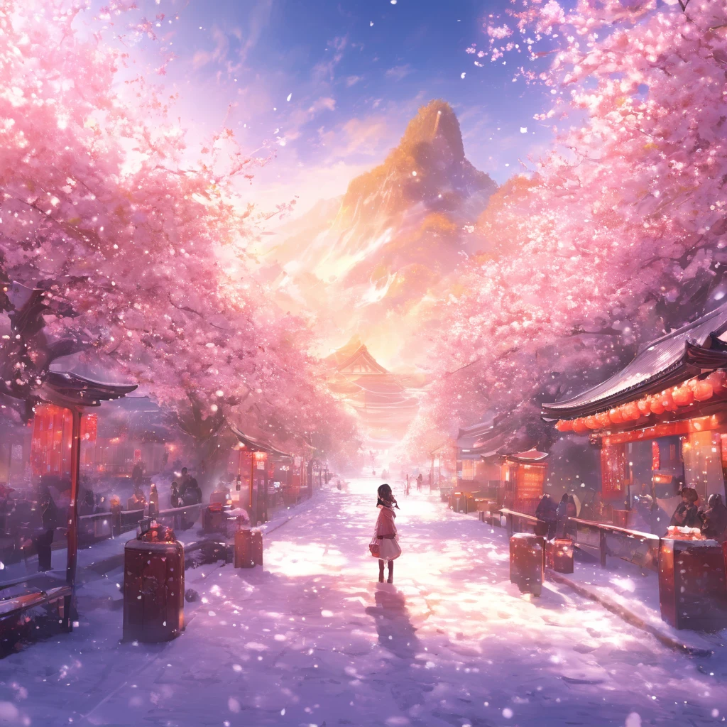 masterpiece, Concept Art, Panorama, At the center, figure, Wide Shot, Dynamic Lighting, Bright colors, Cherry blossom snow,1 girl,
