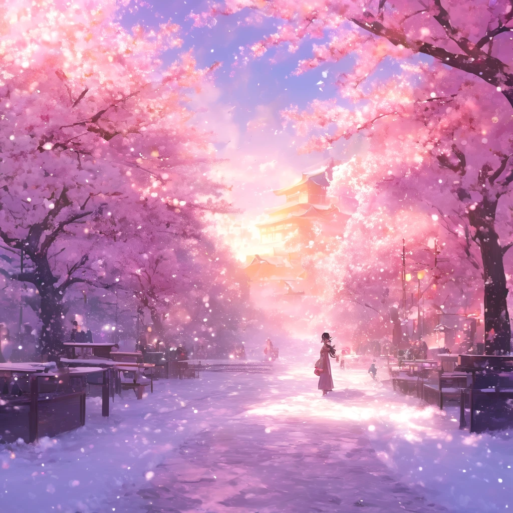 masterpiece, Concept Art, Panorama, At the center, figure, Wide Shot, Dynamic Lighting, Bright colors, Cherry blossom snow,1 girl,