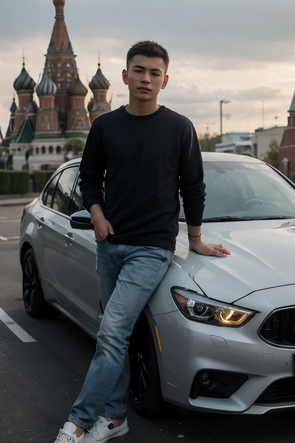 A photograph of a gorgeous, beautiful mongolian boy in wearing casual clothes , realistic, background moscow, next to car, 22 years old HDR 4K, 8K,