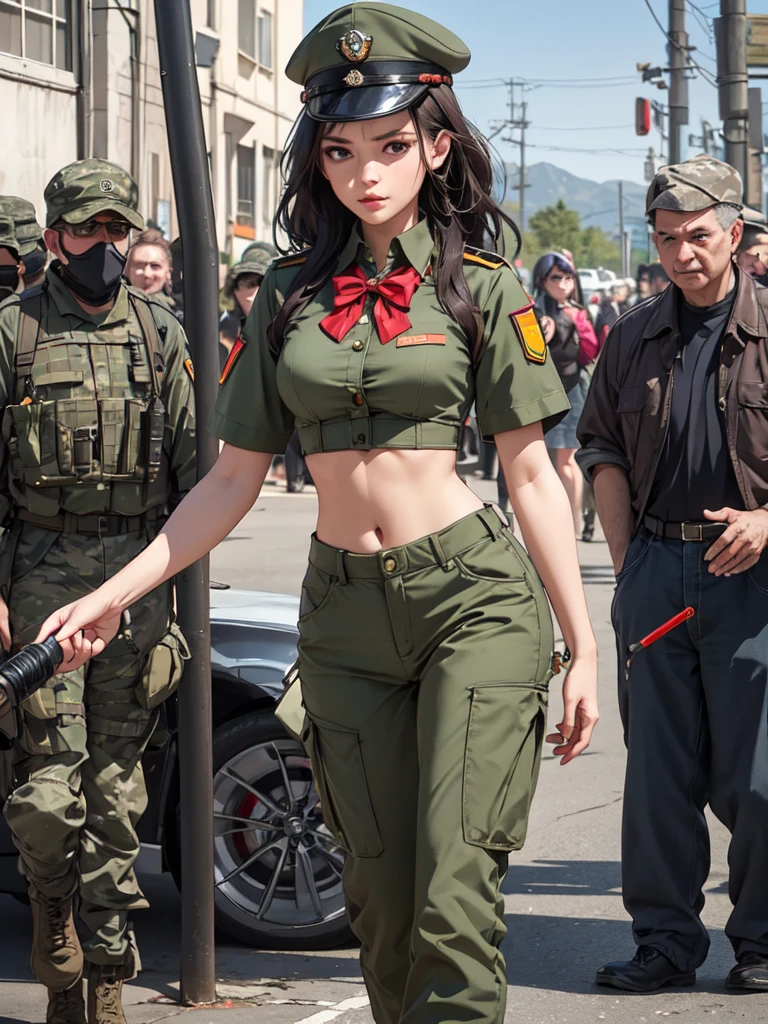 Women in crop top Army Instructor uniform, soldier hat, military Shirt brooch,  exposed abdomen area, very low waist cargo pants, navel, 45 years-old, high ranking , military standing , holding a wand, realistic, high quality , 