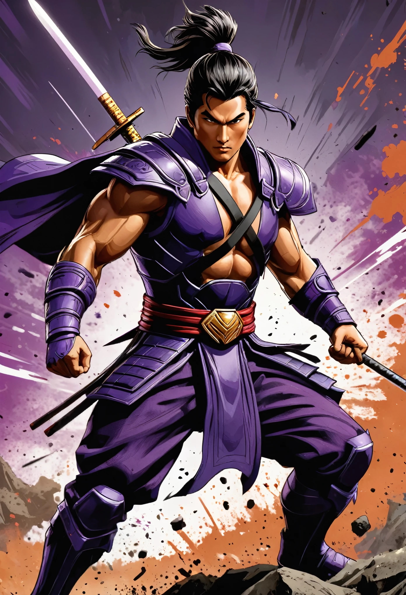 (poster art):1.5), ((full body illustration):1.2), ((1990s comic book style):1.3),((Movie-like still images and dynamic angles):1.3), ((cool and beautiful):1.1), ((Unparalleled sharpness and clarity):1.1), ((Radiosity rendered in stunning 32K resolution):1.3). | male samurai, black and purple, armor, battle atmosphere, Ink splatter background. | He is adopting a ((dynamic_pose as interacts, boldly moving a exciting way):1.3), (genuine、photogenuineistic、photogenuineistic: 1.37), ((perfect_pose):1.5), (((upper body))),((perfect_fingers, better_hands, perfect_hands, perfect_legs):0.7), (((More_Detail))).