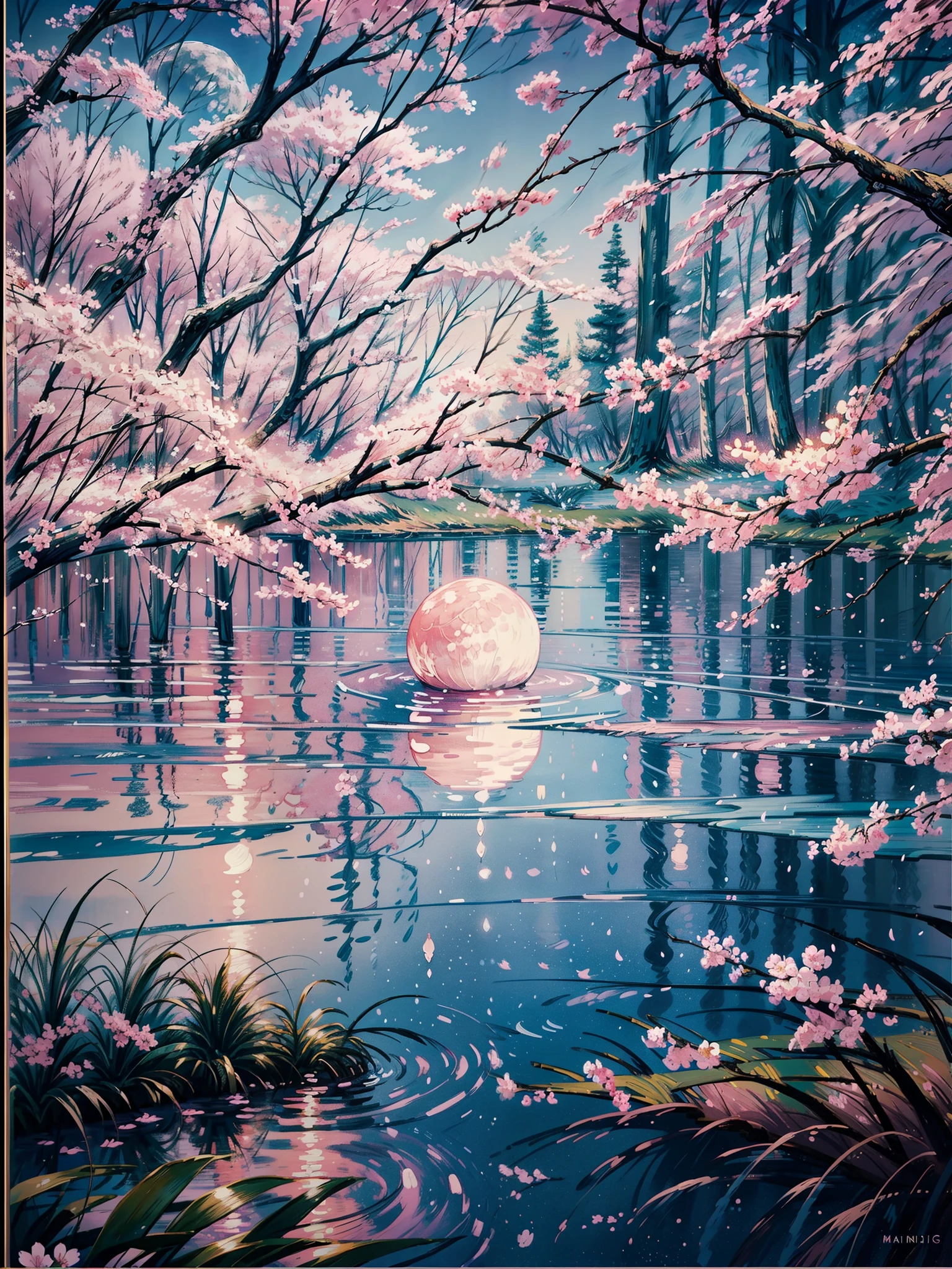 a painting of a full moon over a body of water, sandy white moon landscape, giant pink full moon, atmospheric dreamscape painting, cherry blossom background, soft blue moonlight, pink moon, gorgeous painting, romanticism painting, an airbrush painting, dream scenery art, beautiful painting, impressionistic painting, moonlit night dreamy atmosphere, moonlight background, japanese painting