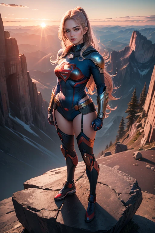 Photograph, (ultra high res, best quality), (8k, raw photo, best quality, masterpiece), technological sense, best quality, masterpiece, illustration,CG ,unity ,wallpaper, official art, Amazing, finely detail, an extremely delicate and beautiful,extremely detailed, highly detailed, sharp focus,rich background, detail,photorealistic, camera from front 4:19 angled up, cyborg supergirl, (full body:1.2),  ((Standing in the middle TOP OF A HIGH ROCKY MOUNTAIN, SUNSET, BLUE SKY,))