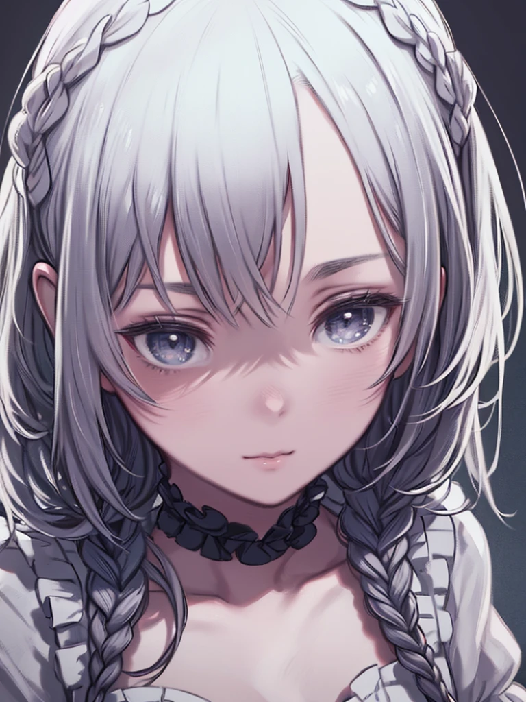 highest quality, Ultra Nothing, Realistic, Beautiful Woman Photos, 30th Generation, Detailed face, Black Messy Fishtail Braid, (Exquisite porcelain doll,Delicate clothing with lots of frills and ribbons), Beach, (Face close-up), Captivating look, View your viewers