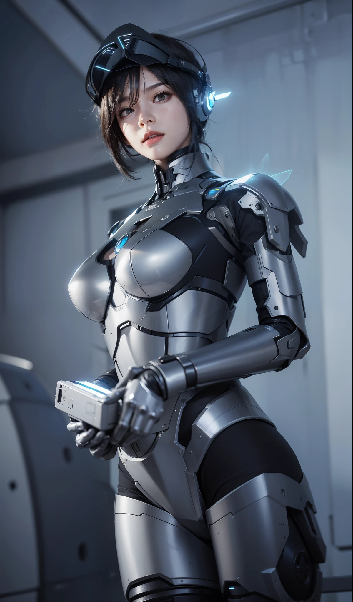 Futuristic high-tech style,best quality,Fairy Skin,(every time :1.2),eternal,Ultra Detailed,Practical,high quality,Light,Light线追踪,Ultra HD,upper body, Future Iron Man Mech,shooting,Battery,Transmitter,Large caliber artillery,Rostlan 8K,Mecha Cyber Armored Girl,Wearing a cyberpunk technology helmet,Warframe Helmet,With breathing Light,The armor of the future shines,Armed Cannon,High-tech armor,helmet,breasts symmetrical,3D game modeling,Steel armor,Steel Arm,Mechanical gloves,Five fingers stretched out,Cyberpunk clear glass glasses(眼镜上有发Light显示器)