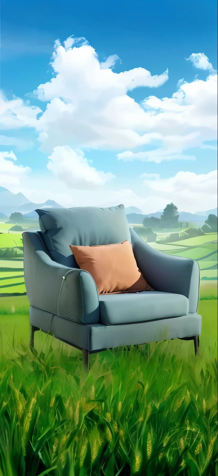 绿色Wheat Field中间有一把沙发, Armchair sofa, 舒适的Armchair sofa, relaxing environment, Lounge Background, Comfortable chair, Detailed scenery —width 672, Outdoor Background, 坐在Comfortable chair上, Landscape View, new design, Avocado Armchair, Relaxed atmosphere, in a scenic background, teal landscape, Realistic scene,wheat,Wheat Field,Soft light and shadow