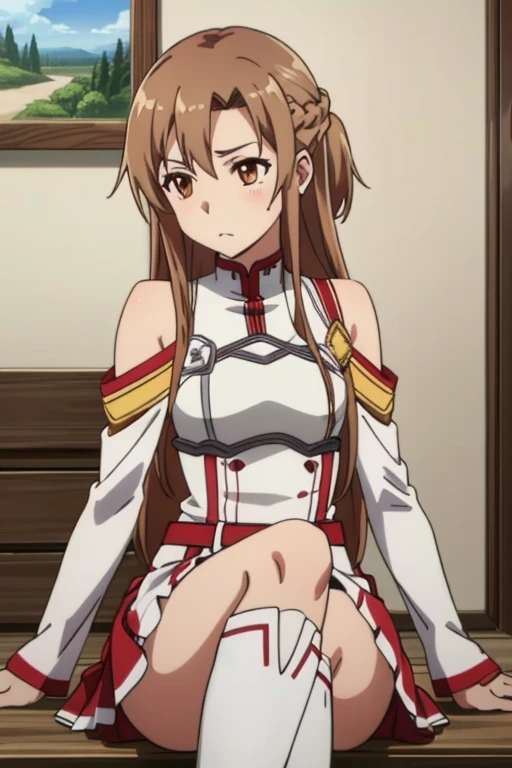 (masterpiece, highest quality), Intricate details, One girl, Yuuki Asuna, KizukiAi, Brown Hair, Brown eyes, Medium chest, Long Hair, Braiding, Catbo, White gloves, White Uniform, White boots, Red Skirt, Red strap,lift up skirt